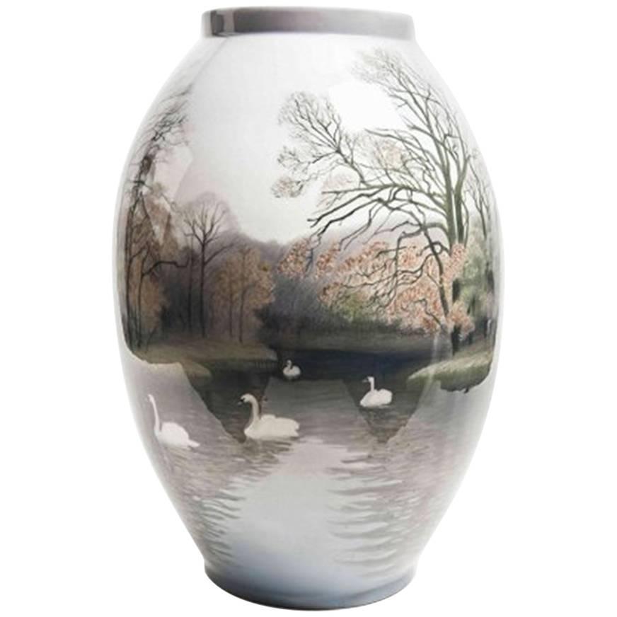 Royal Copenhagen Art Nouveau Unique Vase by Vilhelm Th. Fischer with Swans For Sale