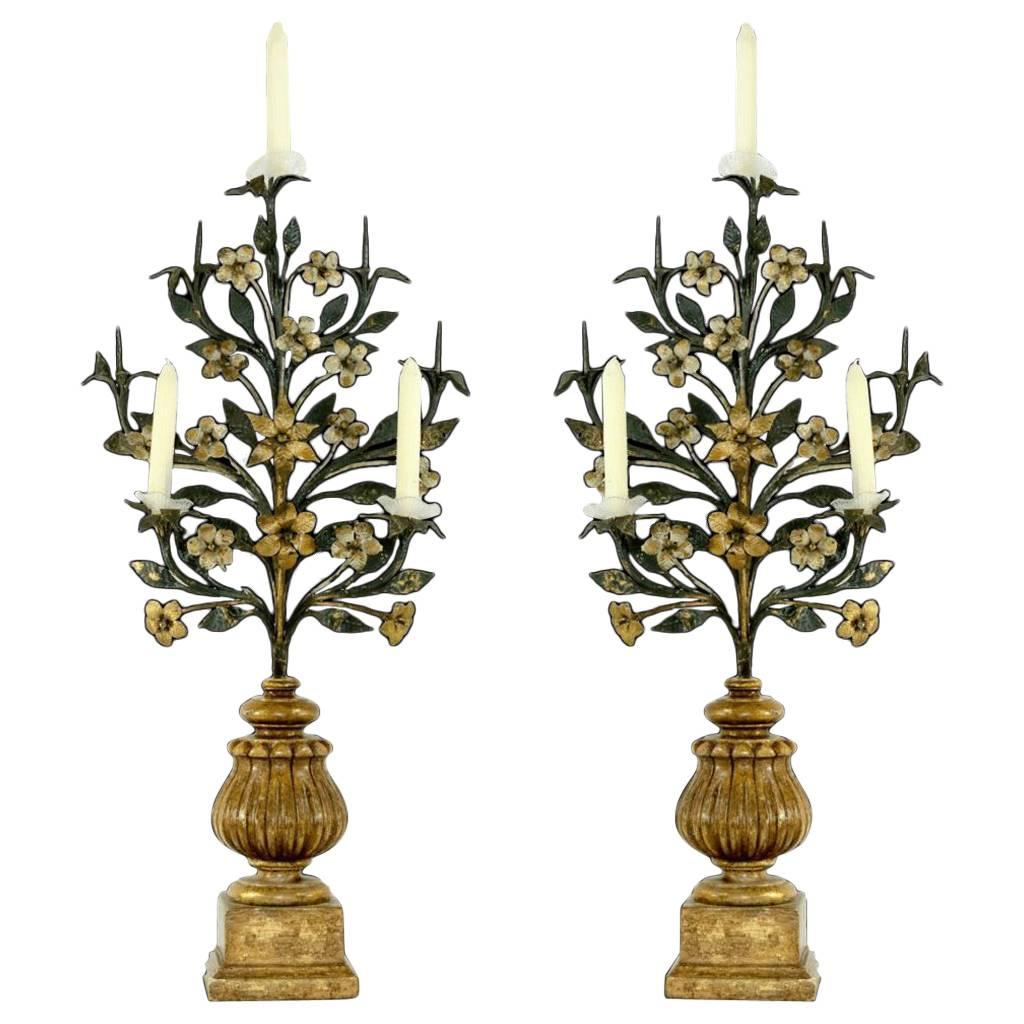 Pair of 19th Century Italian Hand-Wrought Polychromed Iron Wedding Candelabra For Sale