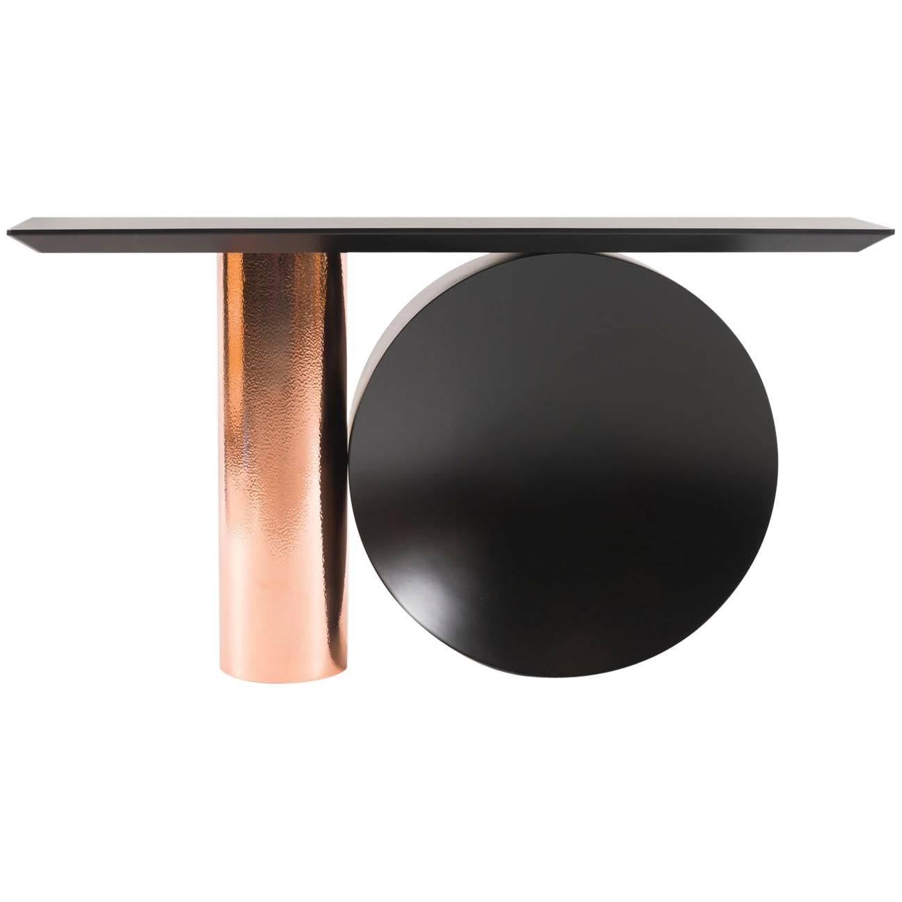 Tambour Console, in Hammered Copper and Black Lacquered Metal by POOL For Sale