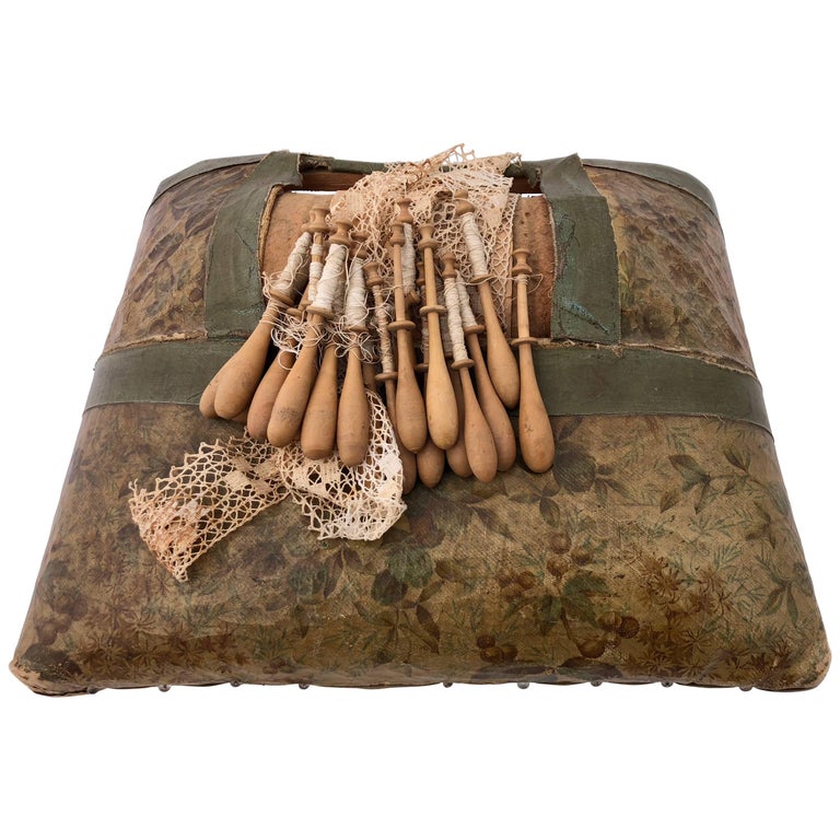 French Napoleon III Leather Lace Making Kit with Bobbins and Lace, Late