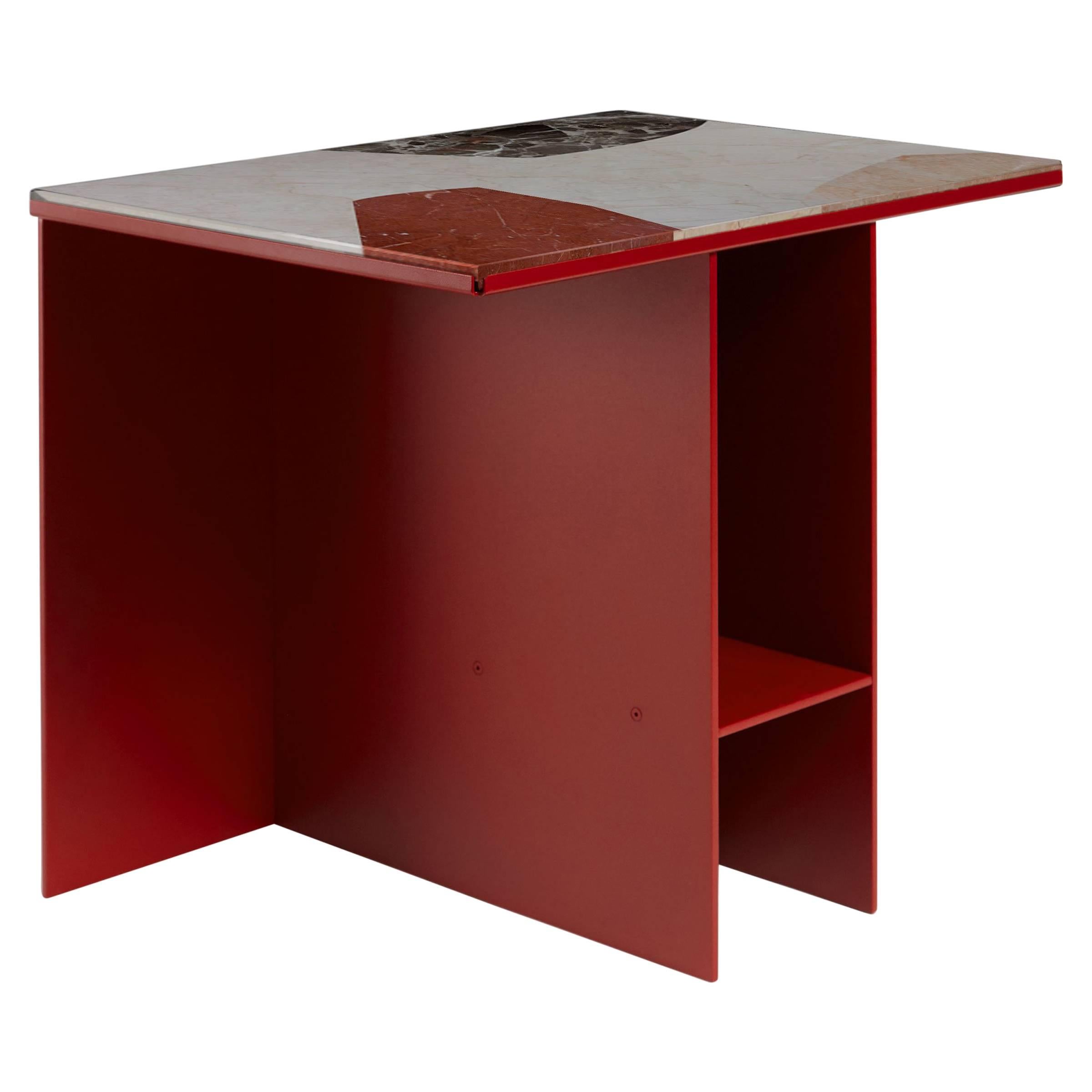 Contemporary Uniform Aluminium Side Table Deep Rust Red and Cut-Out Marble Inlay For Sale