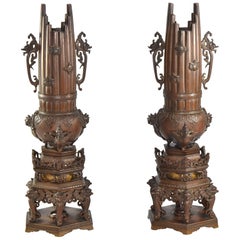 Pair of Japanese Bronze Vases / Incense Burners with Dragon Detail