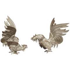 Antique Pair of Decorative Silvered Roosters from France