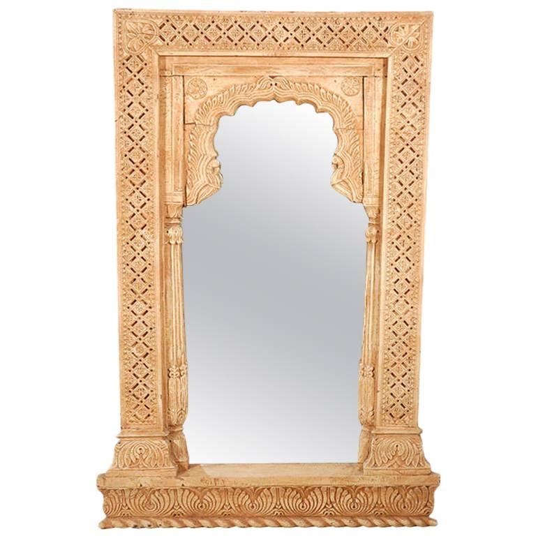 Anglo Indian Hand-Carved Wood Moorish Arched Mirror