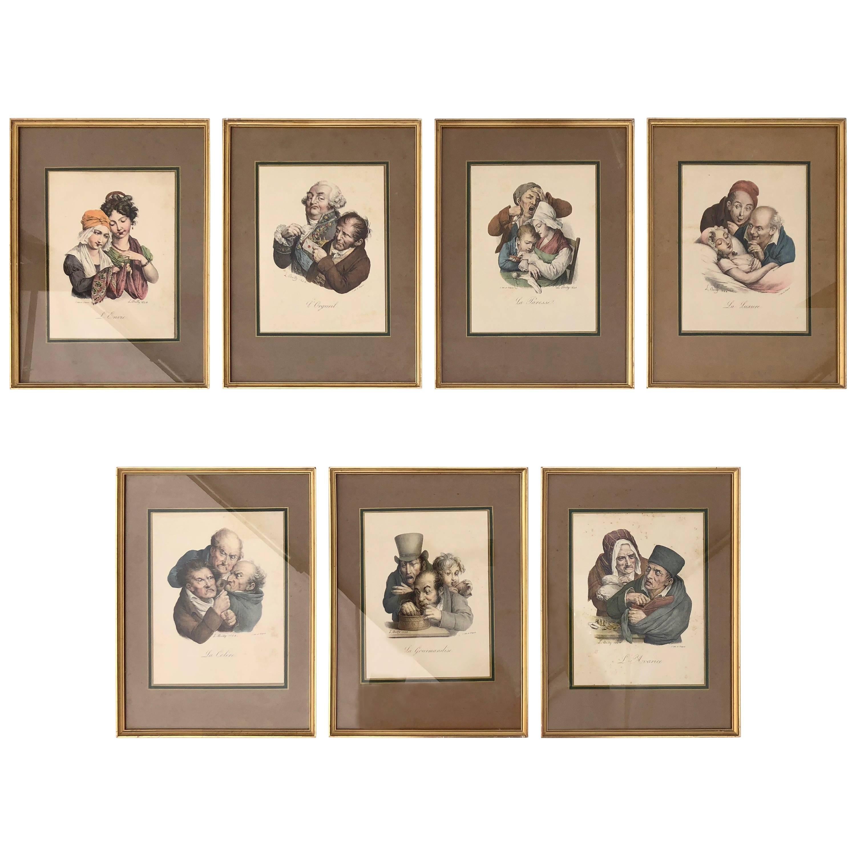 French Colored Lithographs by Cartoonist Louis Leopold Boilly, the Seven Sins For Sale
