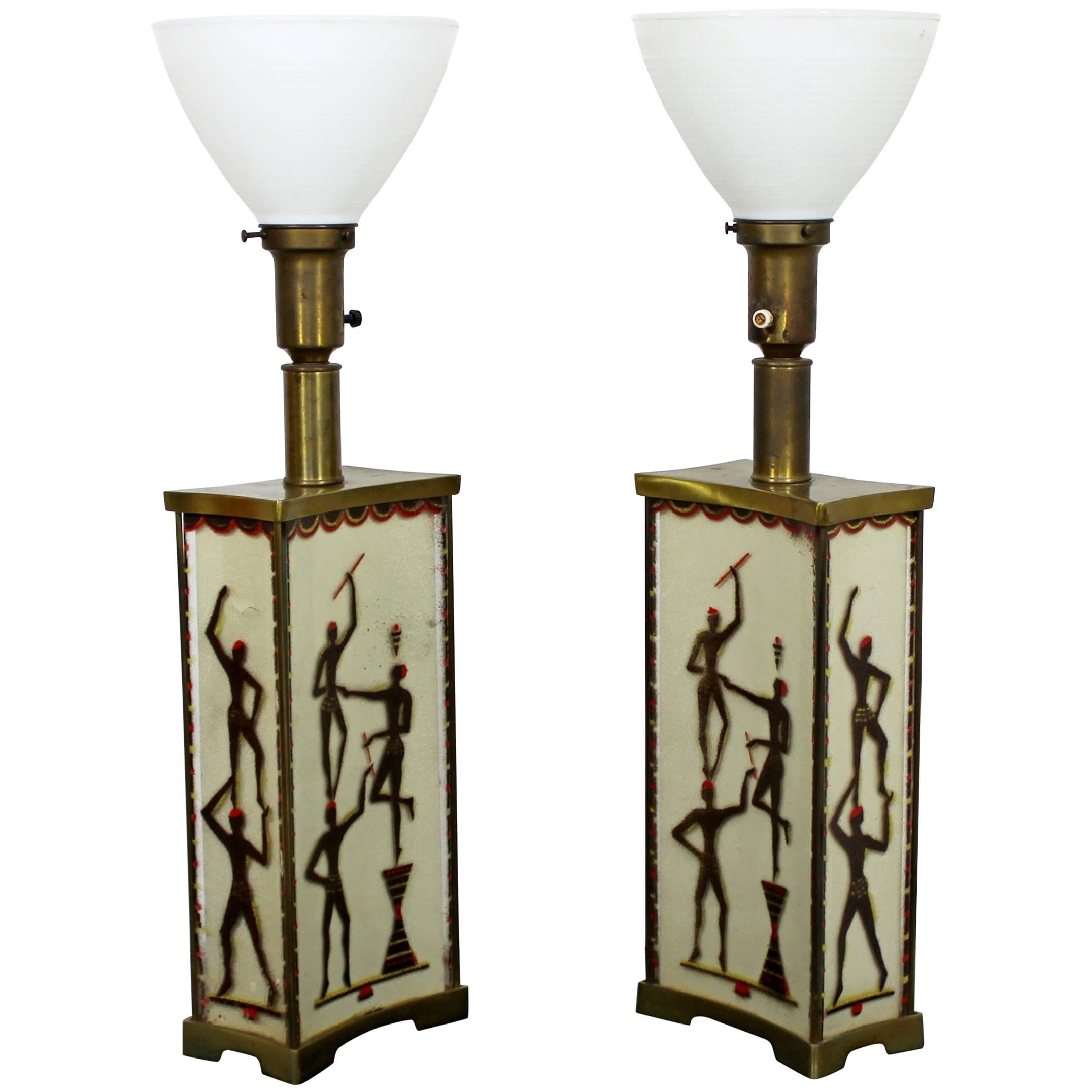 Art Deco Super Rare Maurice Heaton Pair of Four-Panel Tribal Table Lamps Glass