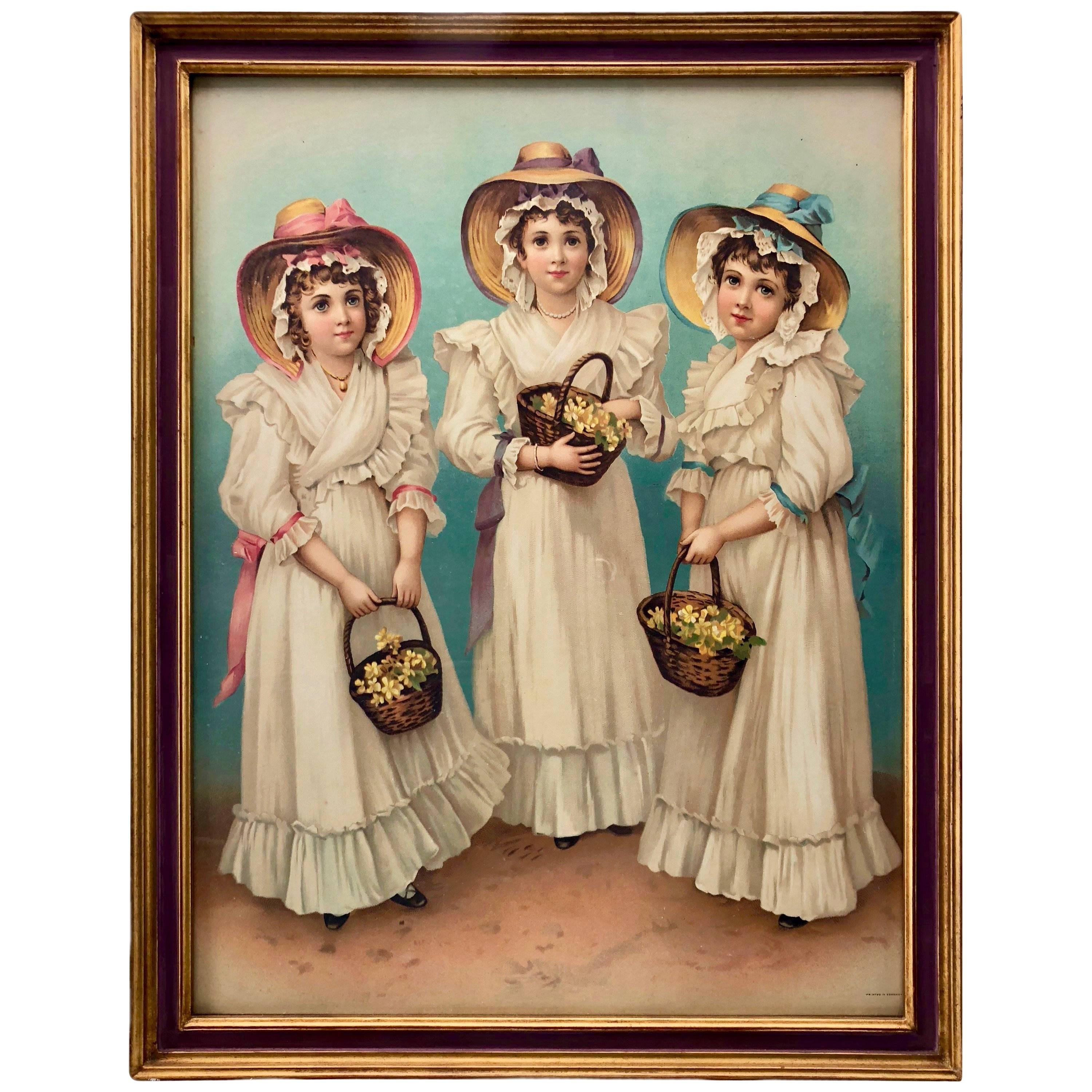 Framed Colored Engraving of Three Girls in Hats Holding Flower Baskets, Germany For Sale