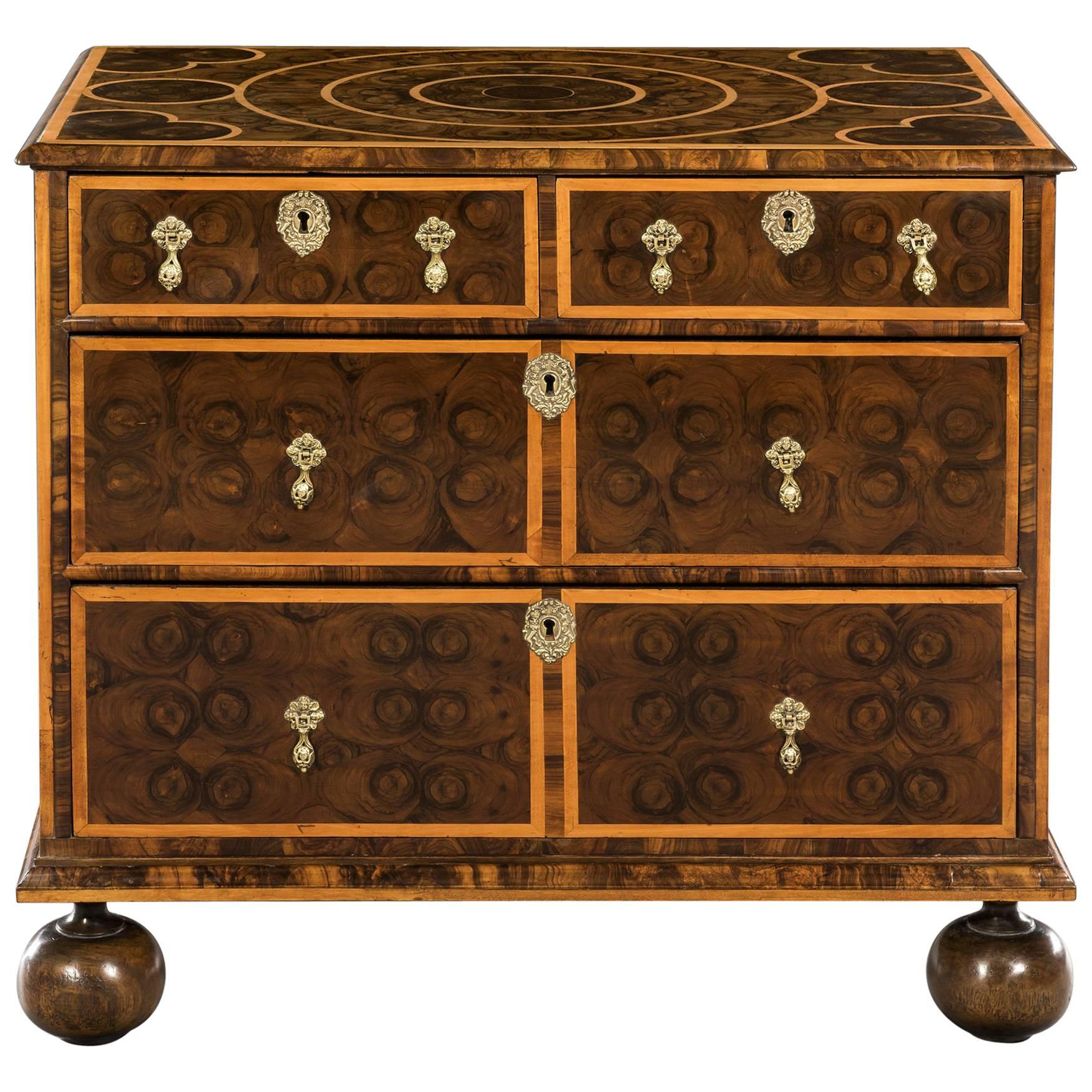 William & Mary Olivewood Oyster Veneered Chest of Drawers of Elegant Proportions For Sale