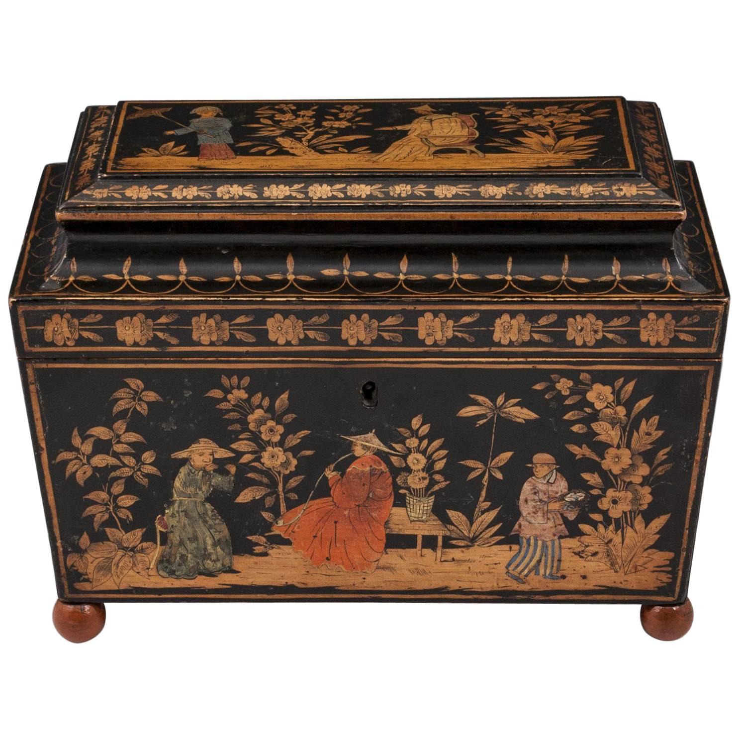 Superb Regency Painted Penwork and Chinoiserie Sarcophagus Shaped Tea Caddy