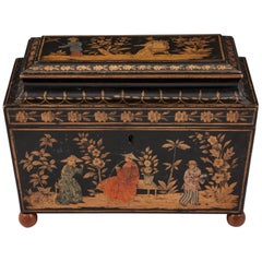 Superb Regency Painted Penwork and Chinoiserie Sarcophagus Shaped Tea Caddy