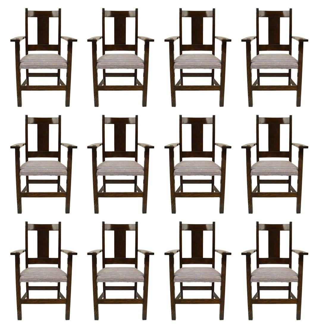Set of 12 American Mission Oak Dining Arm Chairs For Sale
