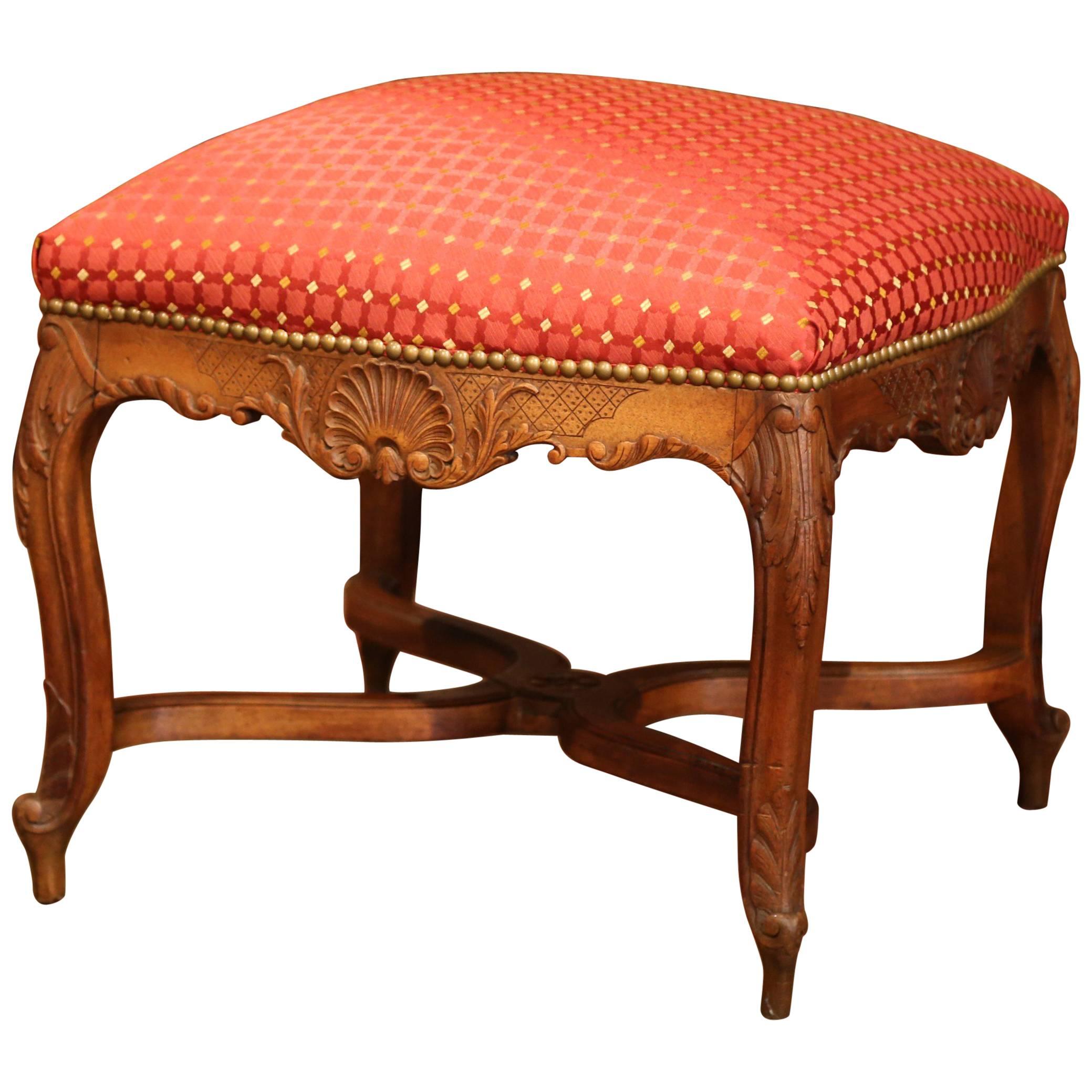 19th Century French Louis XV Carved Walnut Stool with Stretcher from Provence