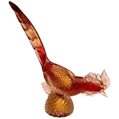 Archimede Seguso 1950 Red Cock in Murano Glass with Gold Leaf