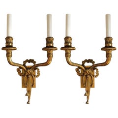 Wonderful Pair of Vintage Caldwell French Ribbon Tassel Two-Light Bronze Sconces