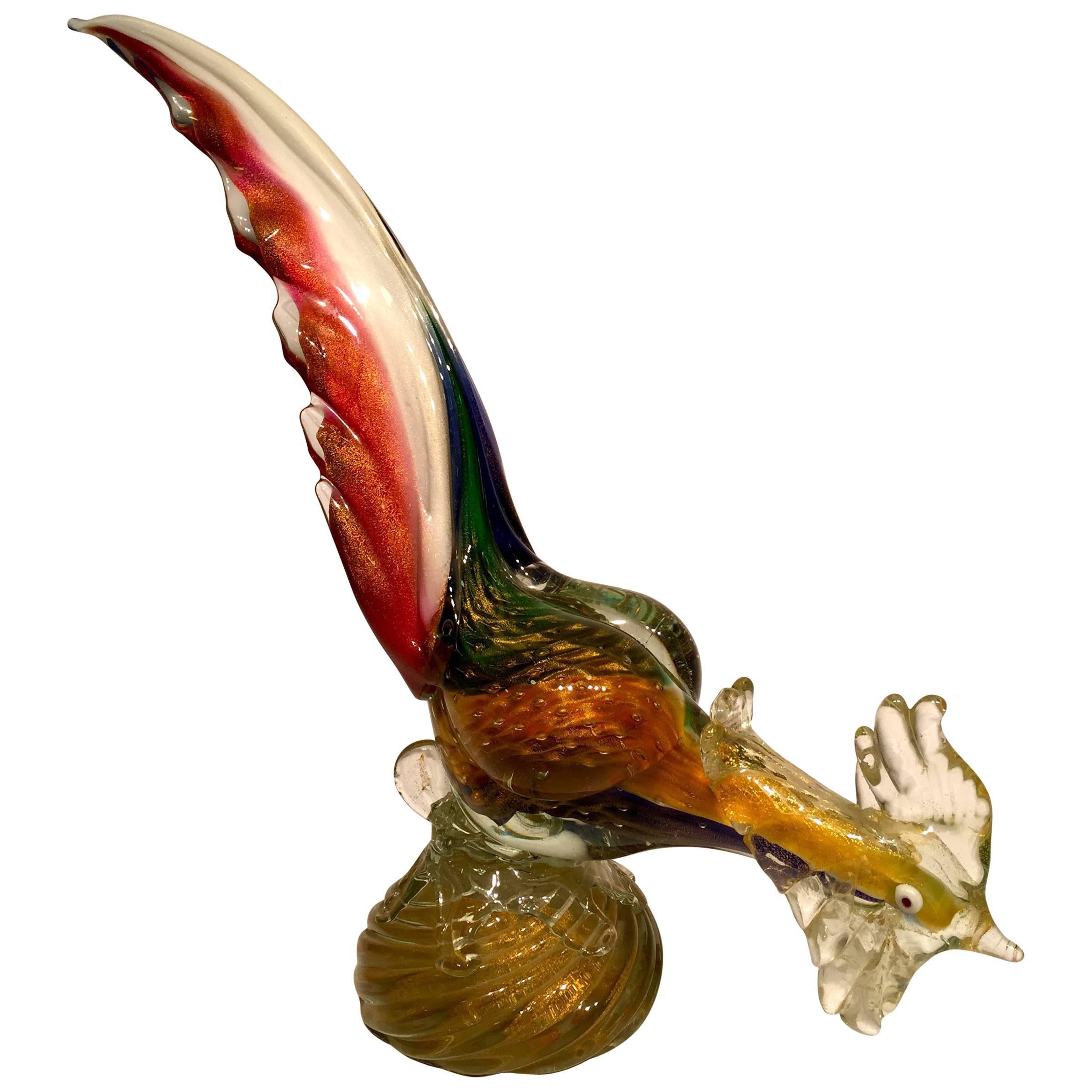 Ercole Barovier 1950 Multi-Color Cock in Murano Glass with Gold Leaf For Sale