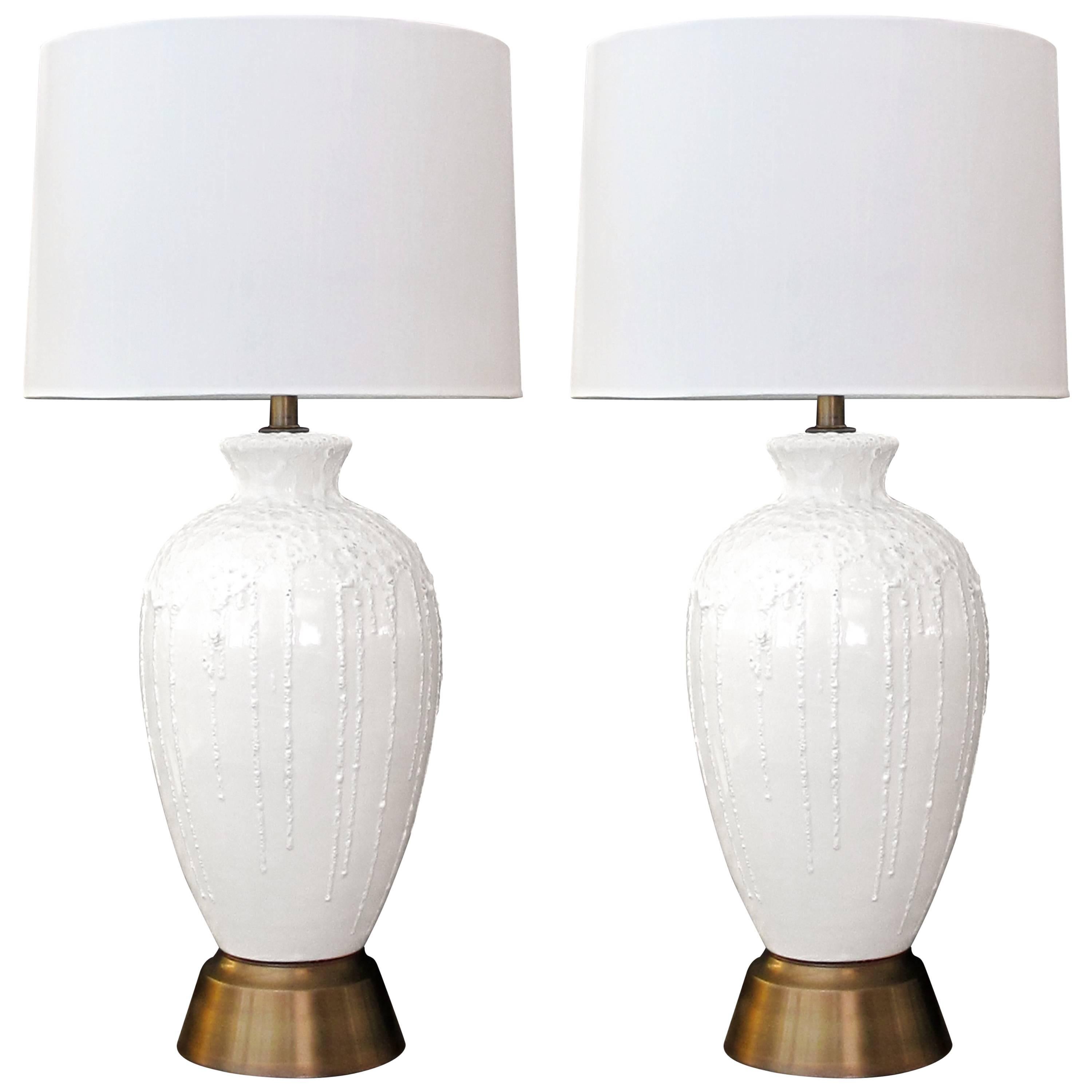 Boldly-Scaled American 1960s White Crater-Glazed Ovoid Form Ceramic Lamps, Pair