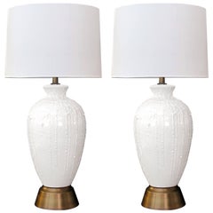 Boldly-Scaled American 1960s White Crater-Glazed Ovoid Form Ceramic Lamps, Pair