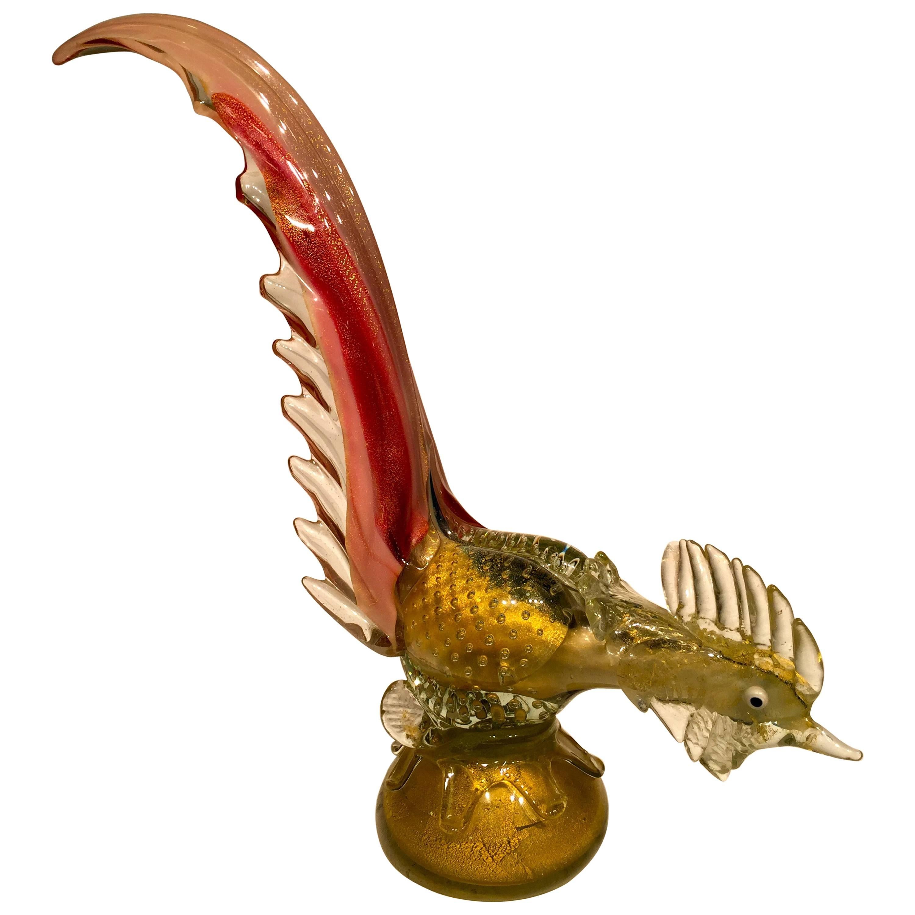 Ercole Barovier 1950 Multi-Color Cock in Murano Glass with Gold Leaf For Sale
