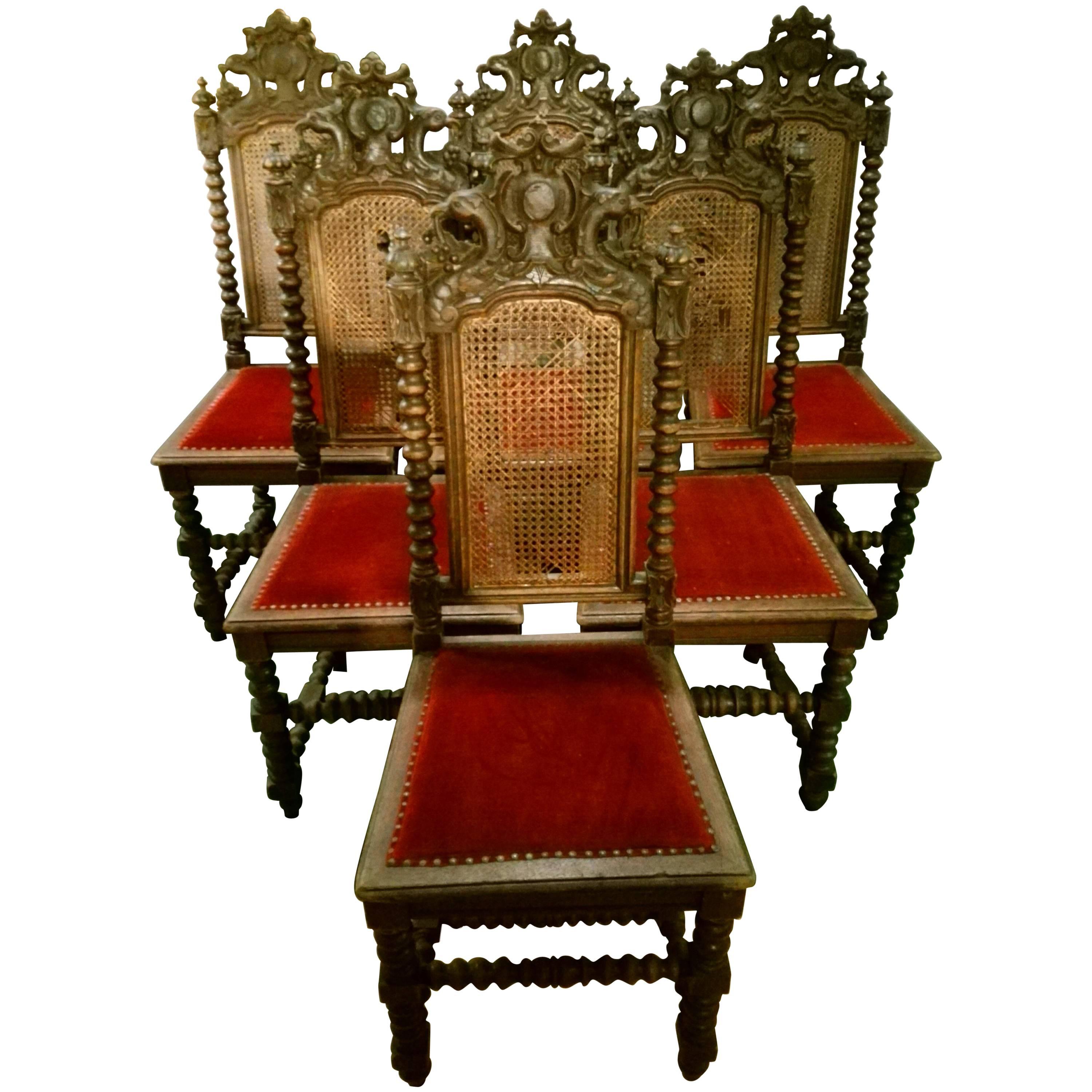 19th Century Jacobian Style Hunting Room Chairs Carved and Patinated Solid Oak For Sale