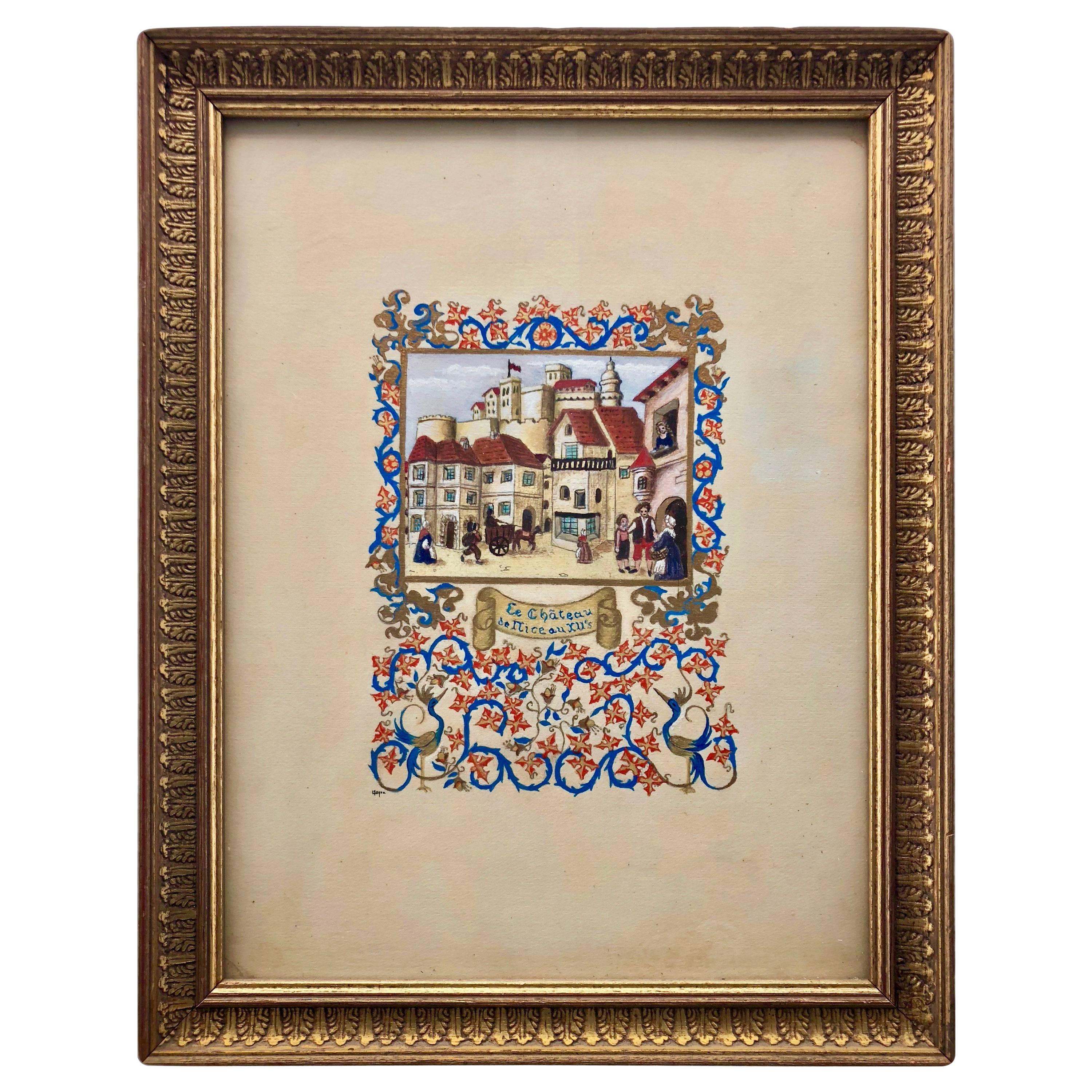 Framed French Aquarelle of the Chateau De Nice in the 13th Century