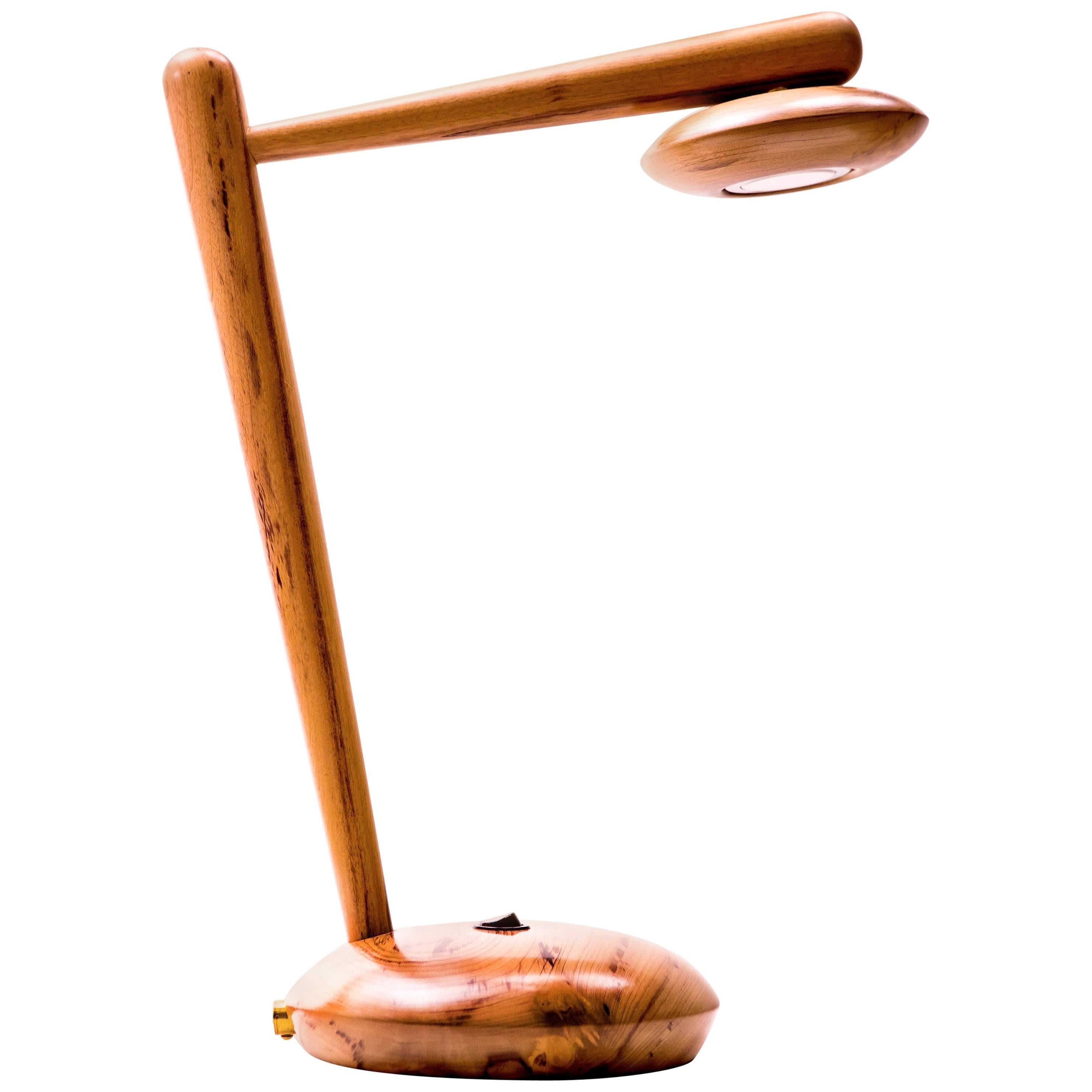 "Zig" Minimalist Desk Lamp in reclaimed wood with brass For Sale