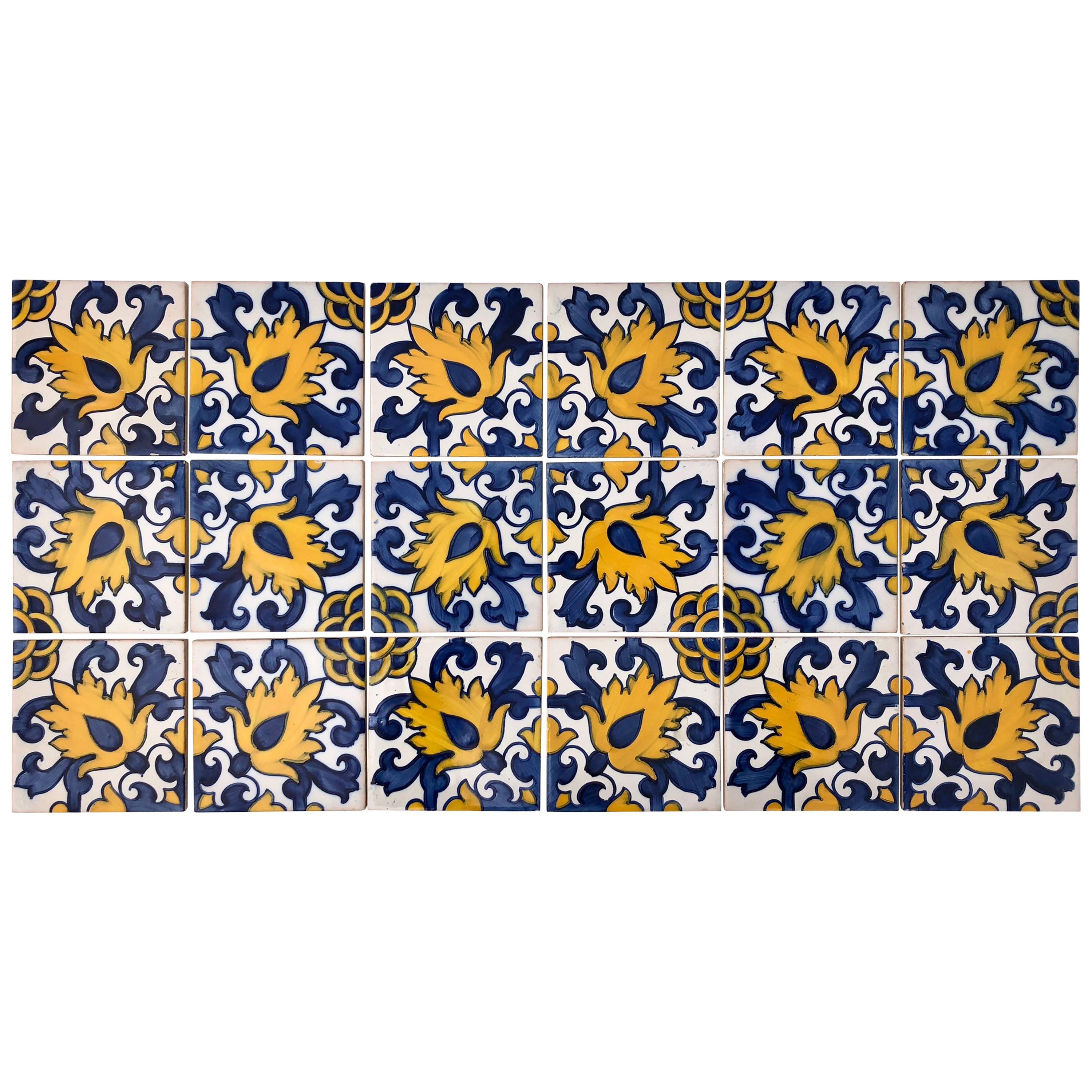 Vintage Blue and Yellow Hand-Painted Portuguese Ceramic Tiles, Set of 18 For Sale