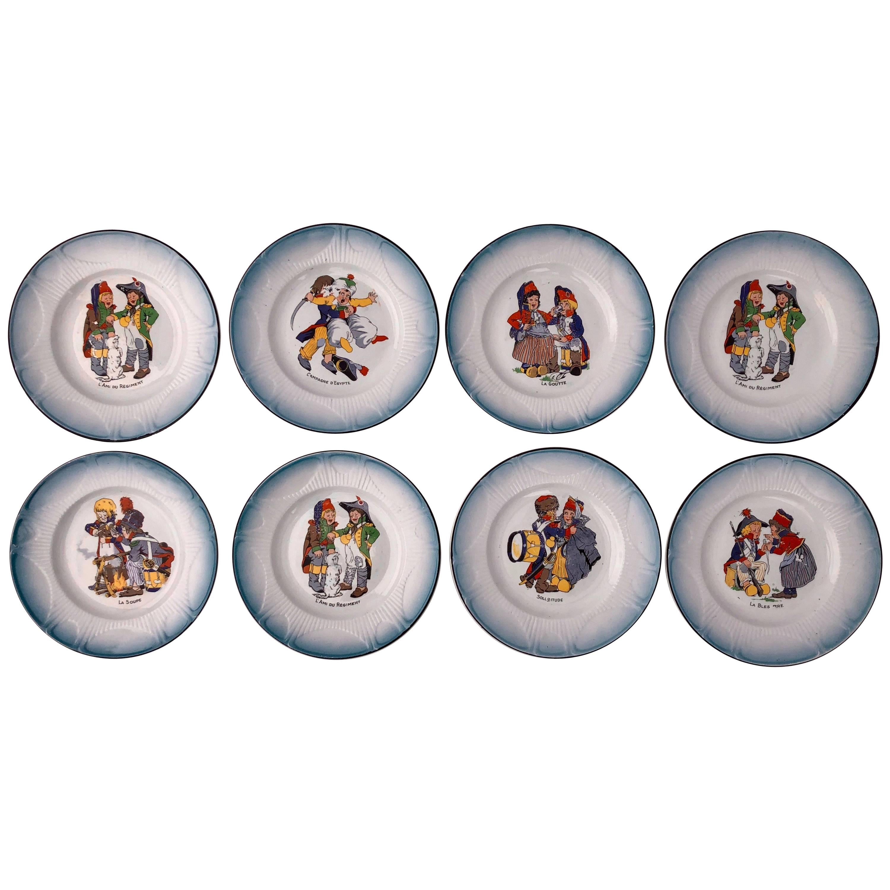 Set of Eight Faïence Plates, Children Dressed in Napoleon Army Costumes For Sale
