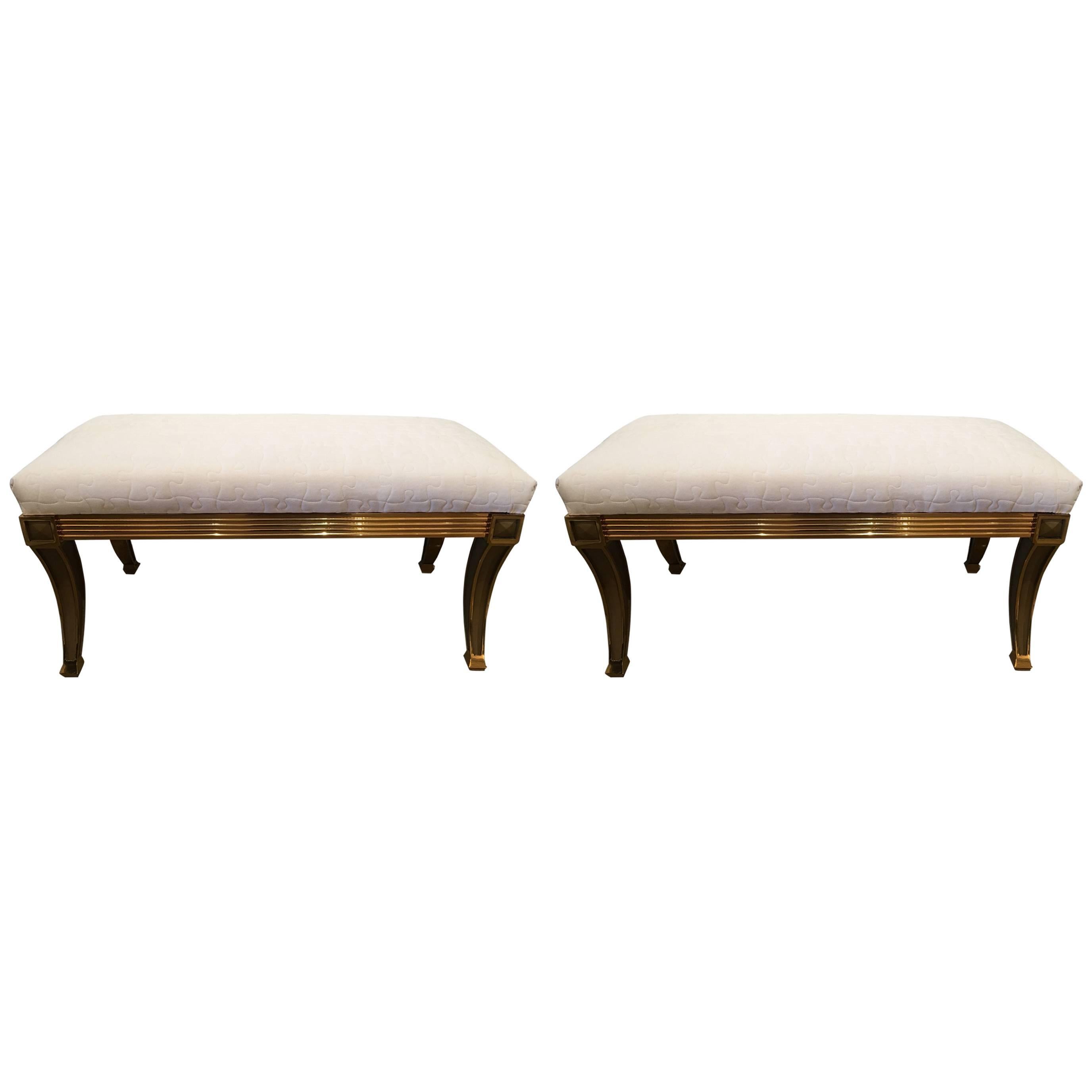 Vintage Brass Bench Recently Upholstered in Pierre Frey Fabric For Sale