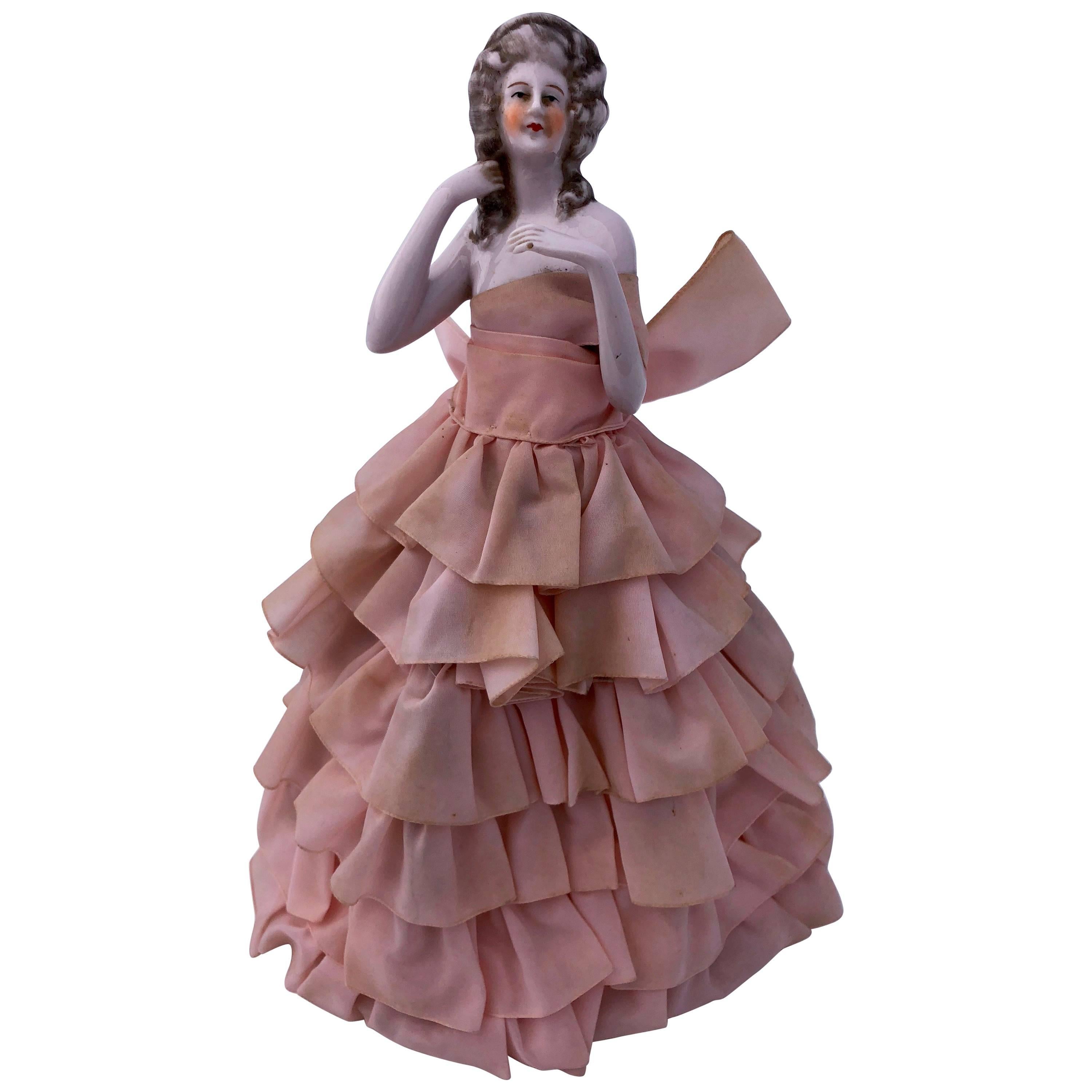 French Antique Hand-Painted Boudoir Doll Lamp with Pink Taffeta Dress, 1800s For Sale