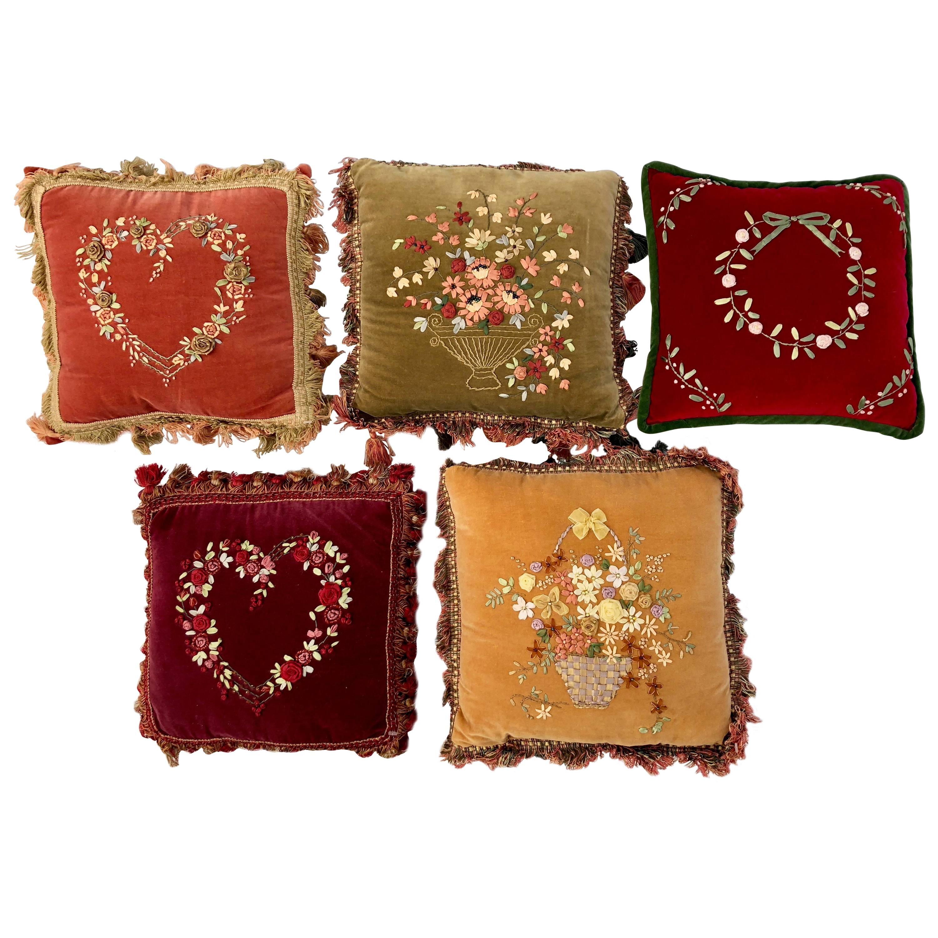 Vintage Velvet Ribbon Art Pillows, Floral, Heart and Wreath Designs, Set of Five For Sale