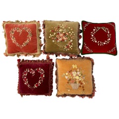 Vintage Velvet Ribbon Art Pillows, Floral, Heart and Wreath Designs, Set of Five