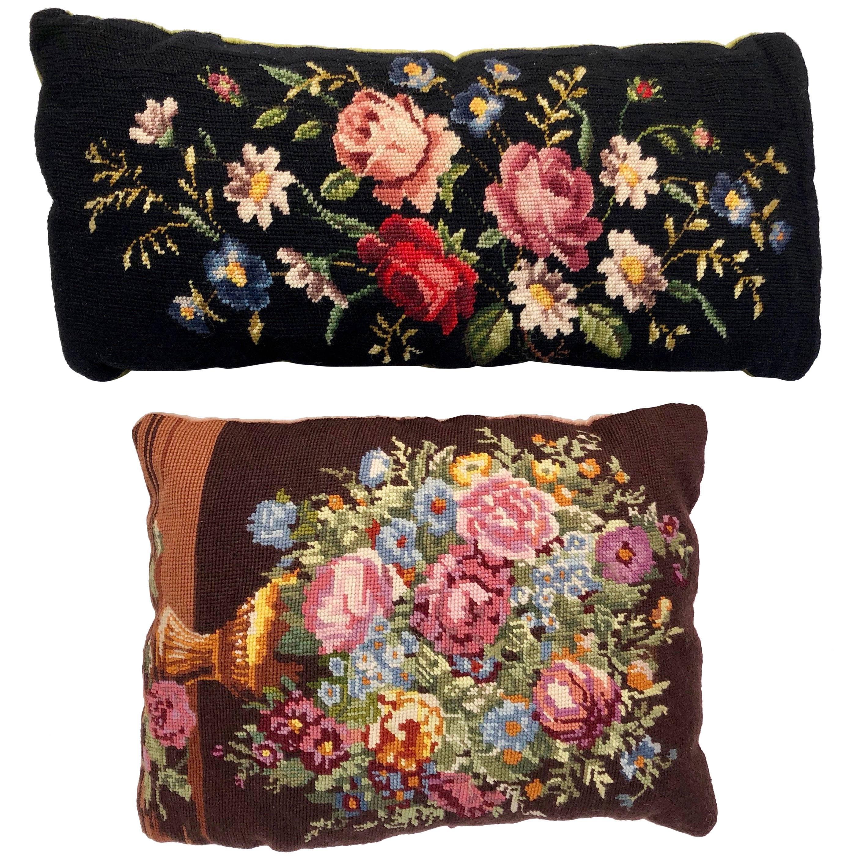 Two French Embroidered Throw Pillows in Floral Design with Velvet Backing, 1950s For Sale
