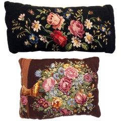 Two French Embroidered Throw Pillows in Floral Design with Velvet Backing, 1950s