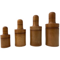 French Apothecary Boxwood Treen Boxes with Glass Bottles 1800s, 11 Pieces