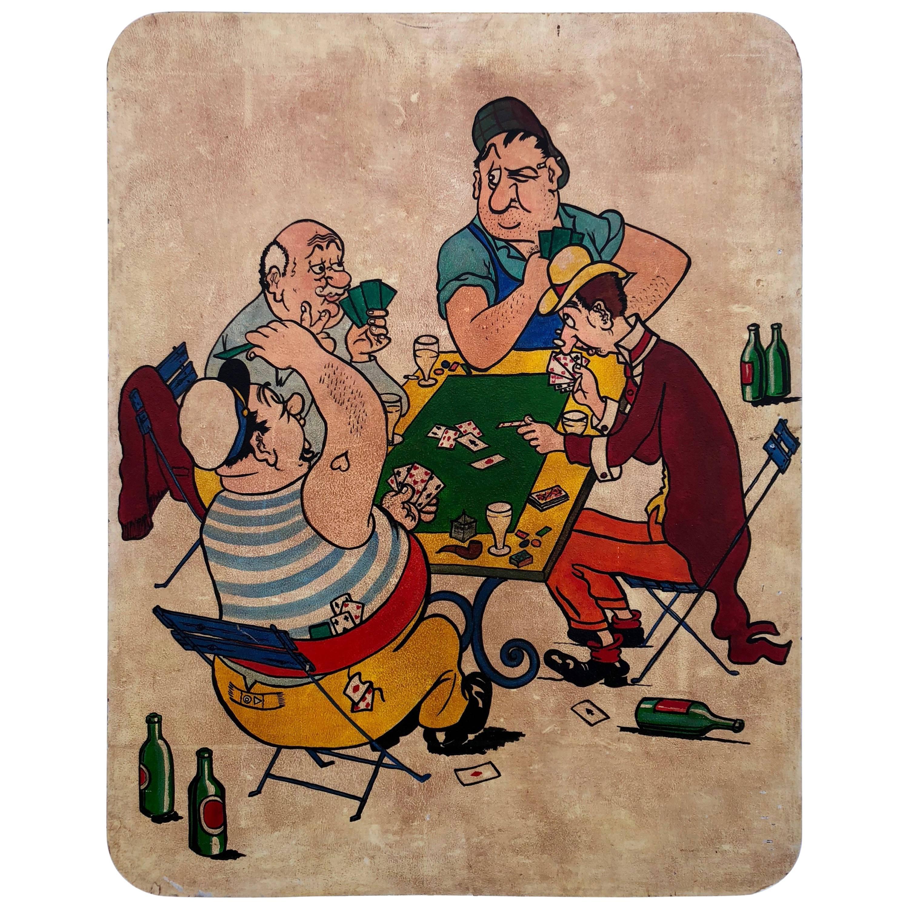 French Hand-Painted Panel of Pagnol's Famous Marius' Card Game, after Dubout For Sale