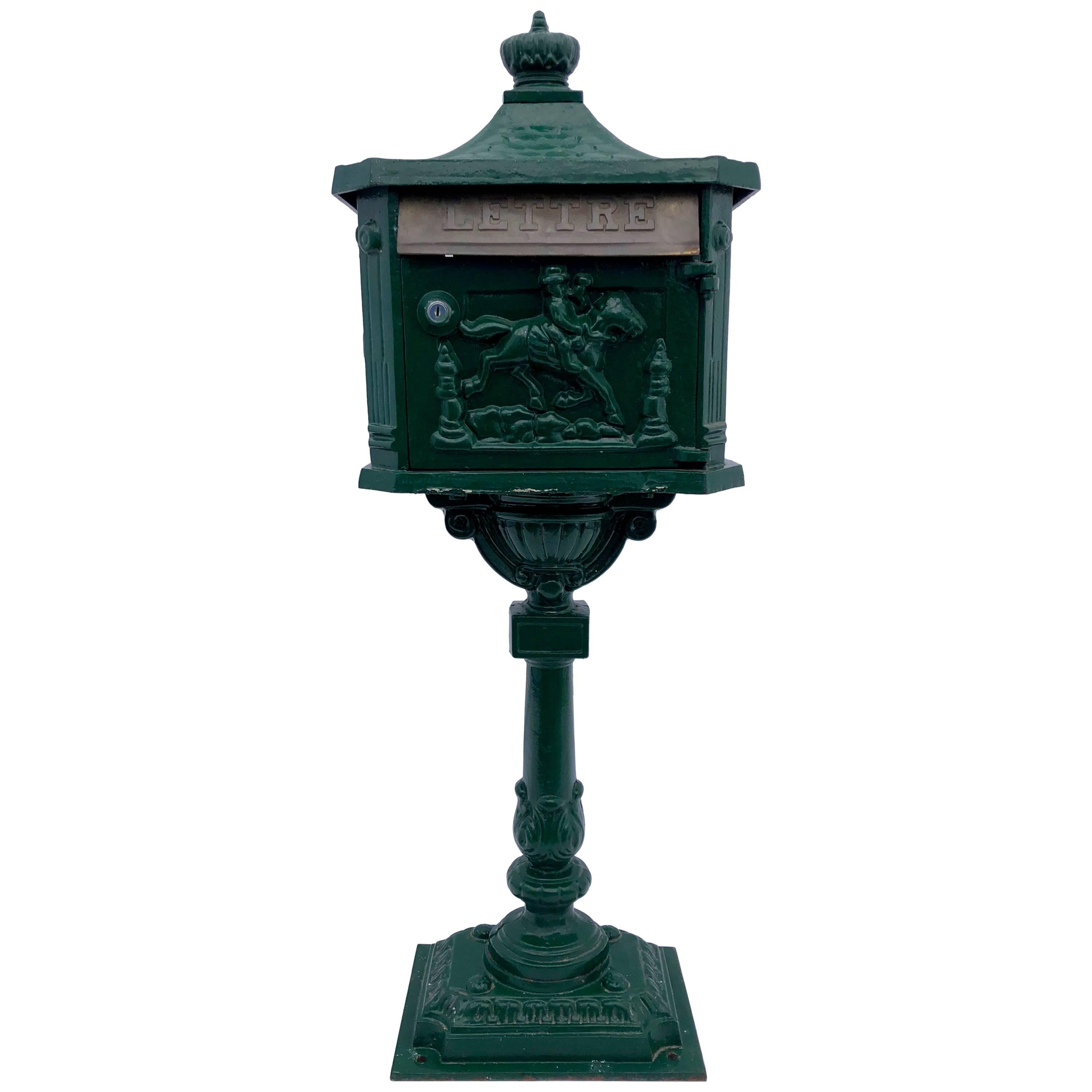 French Antique Cast Iron Standing Mailbox with Slot Marked "Lettres" 1900s