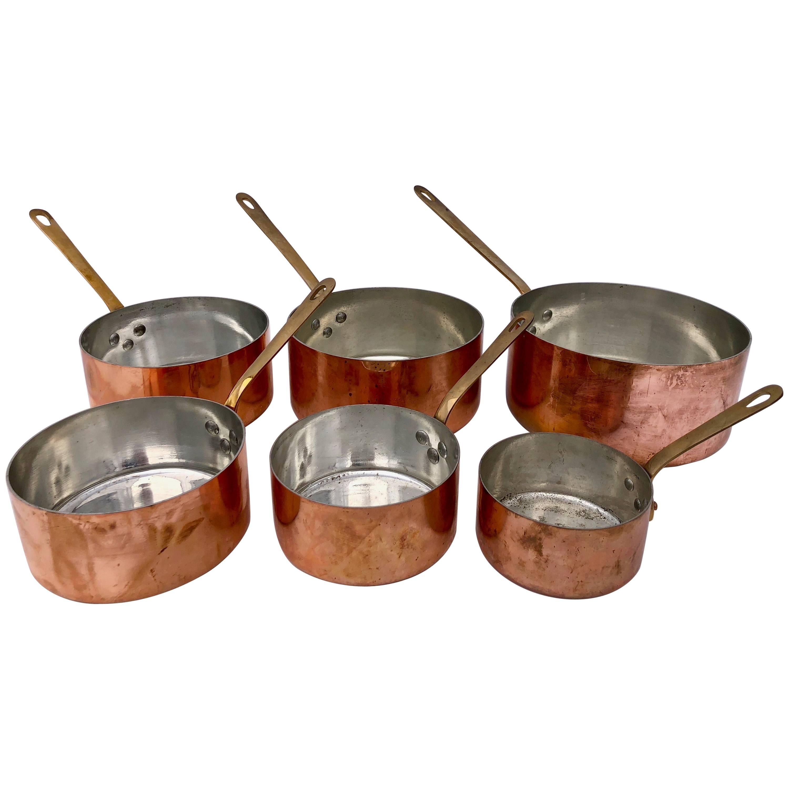 Set of Six Graduated French Copper Pans, Brass Handles, Semi Professional Grade For Sale