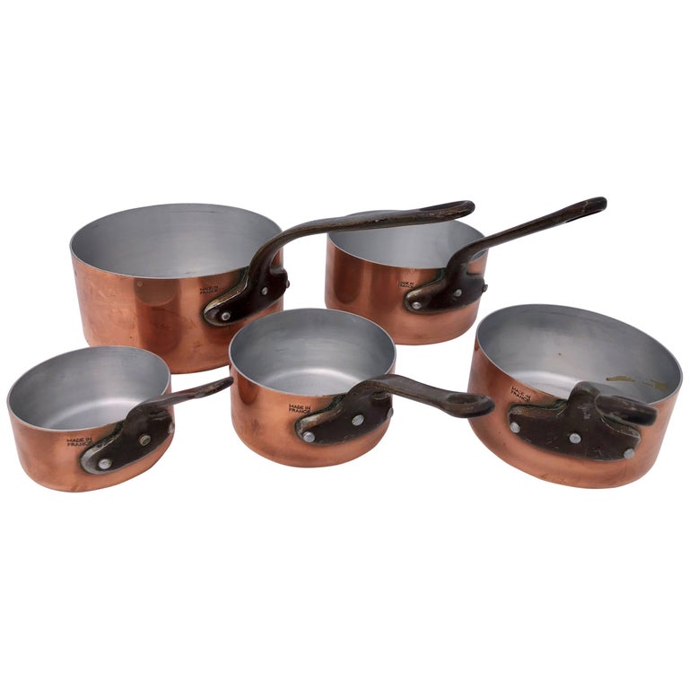 5 French Professional Grade Graduated Copper Pans, Wrought Iron Handles, 1950's For Sale