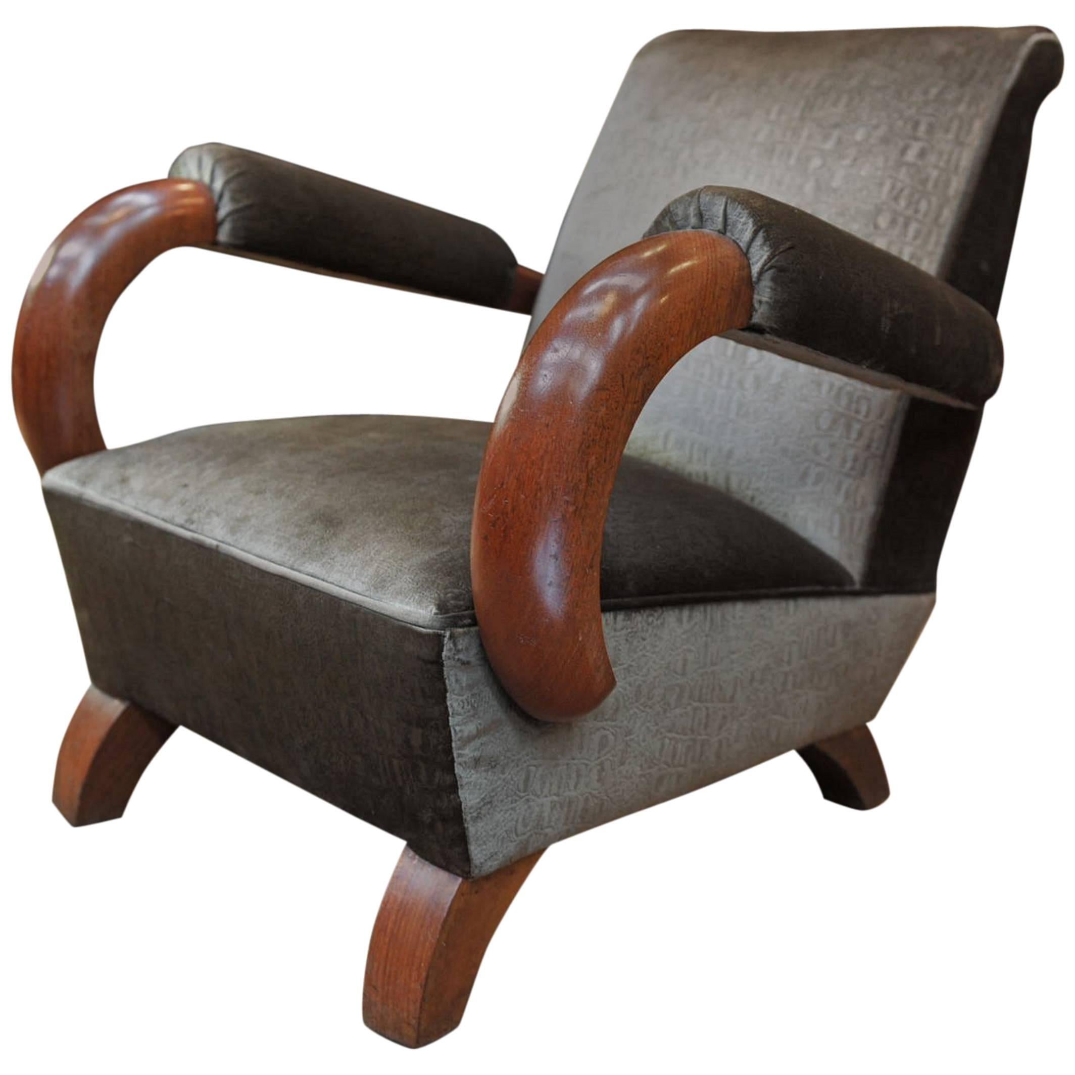 Art Deco 1950 Mahogany and Fabric Chairs Armchair