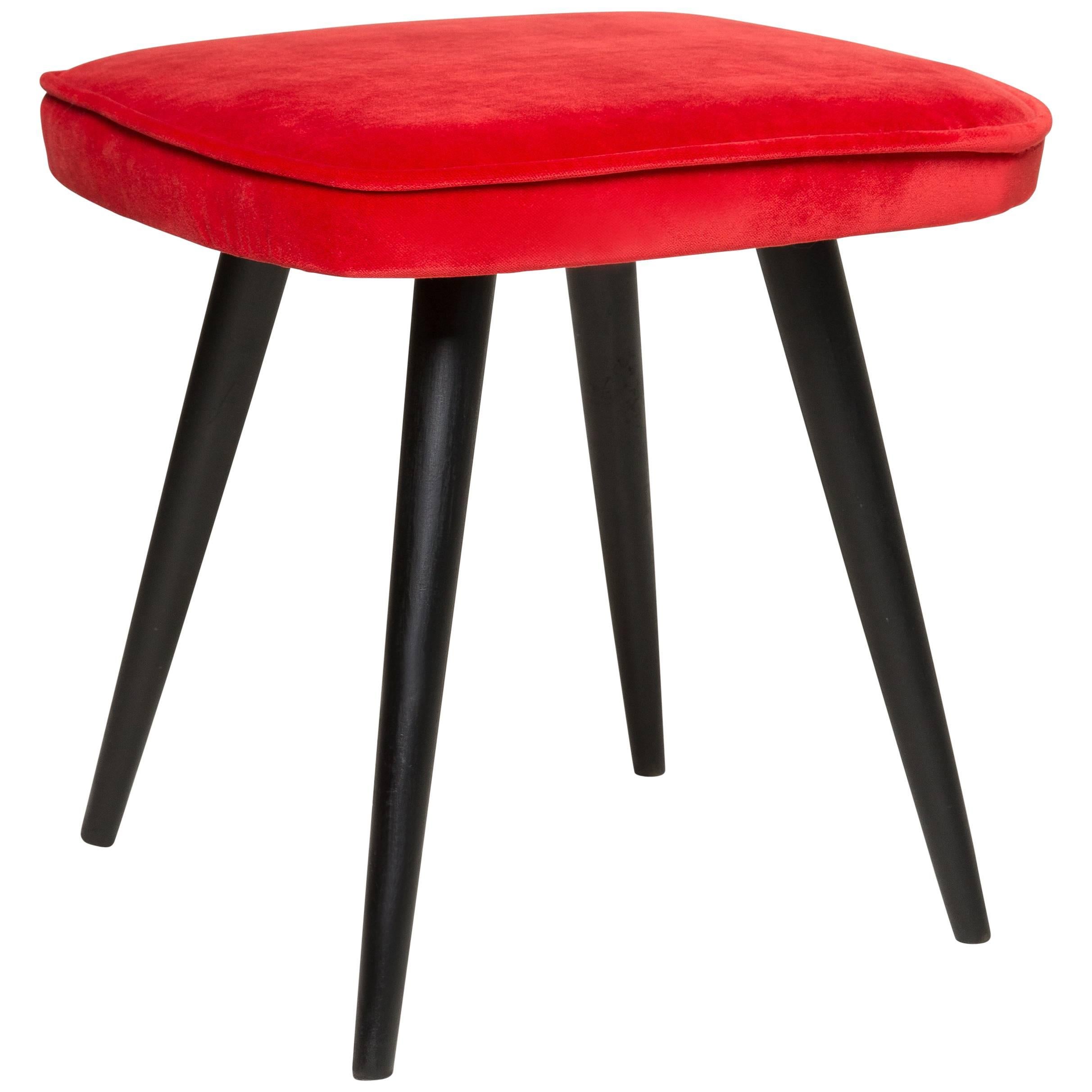 Mid-Century Red Velvet Vintage Stool, Europe, 1960s