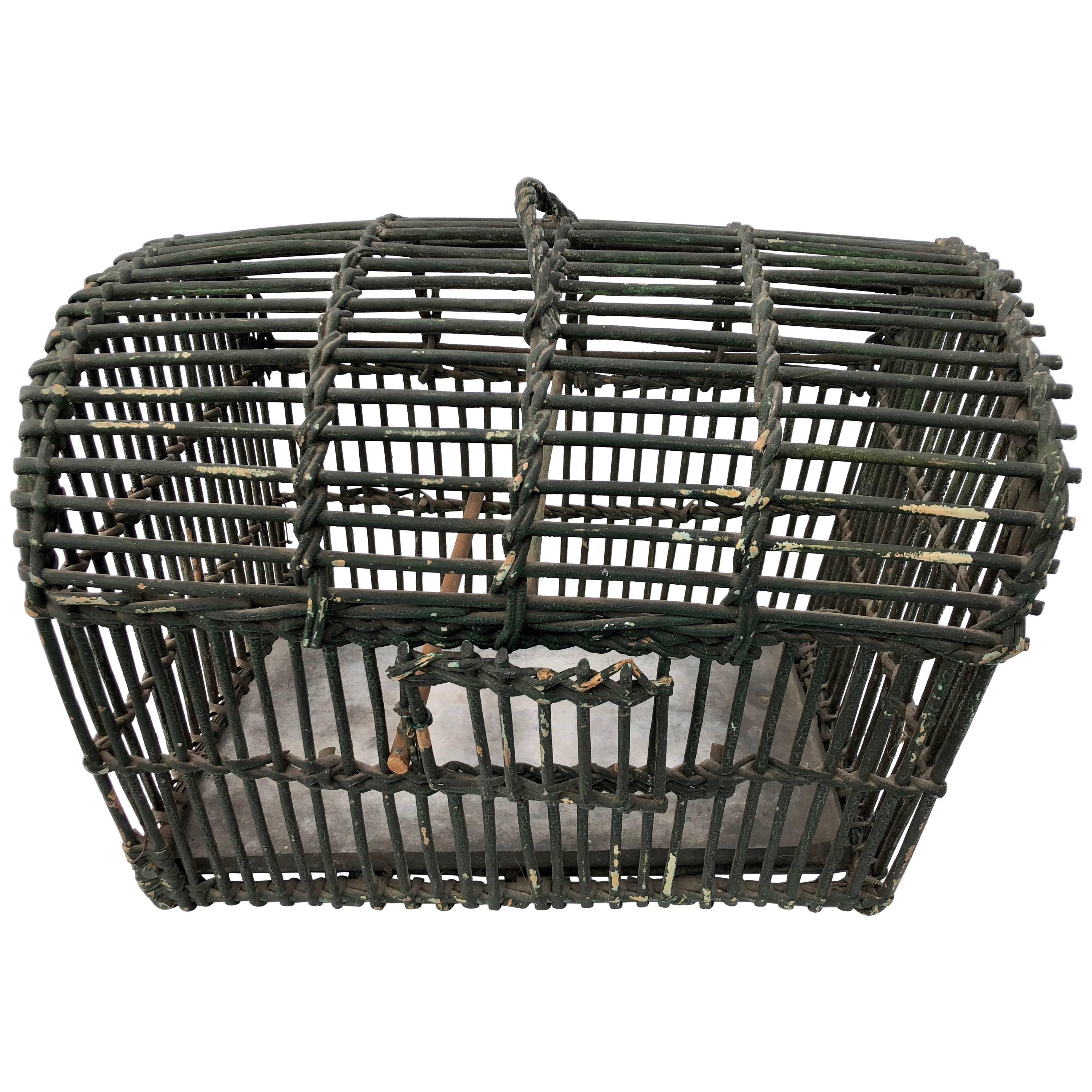 French Antique Wicker Duck Carrying Basket Painted Green with Metal Tray For Sale