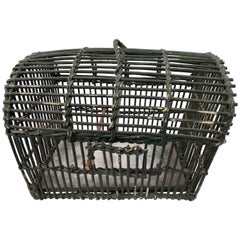 French Retro Wicker Duck Carrying Basket Painted Green with Metal Tray