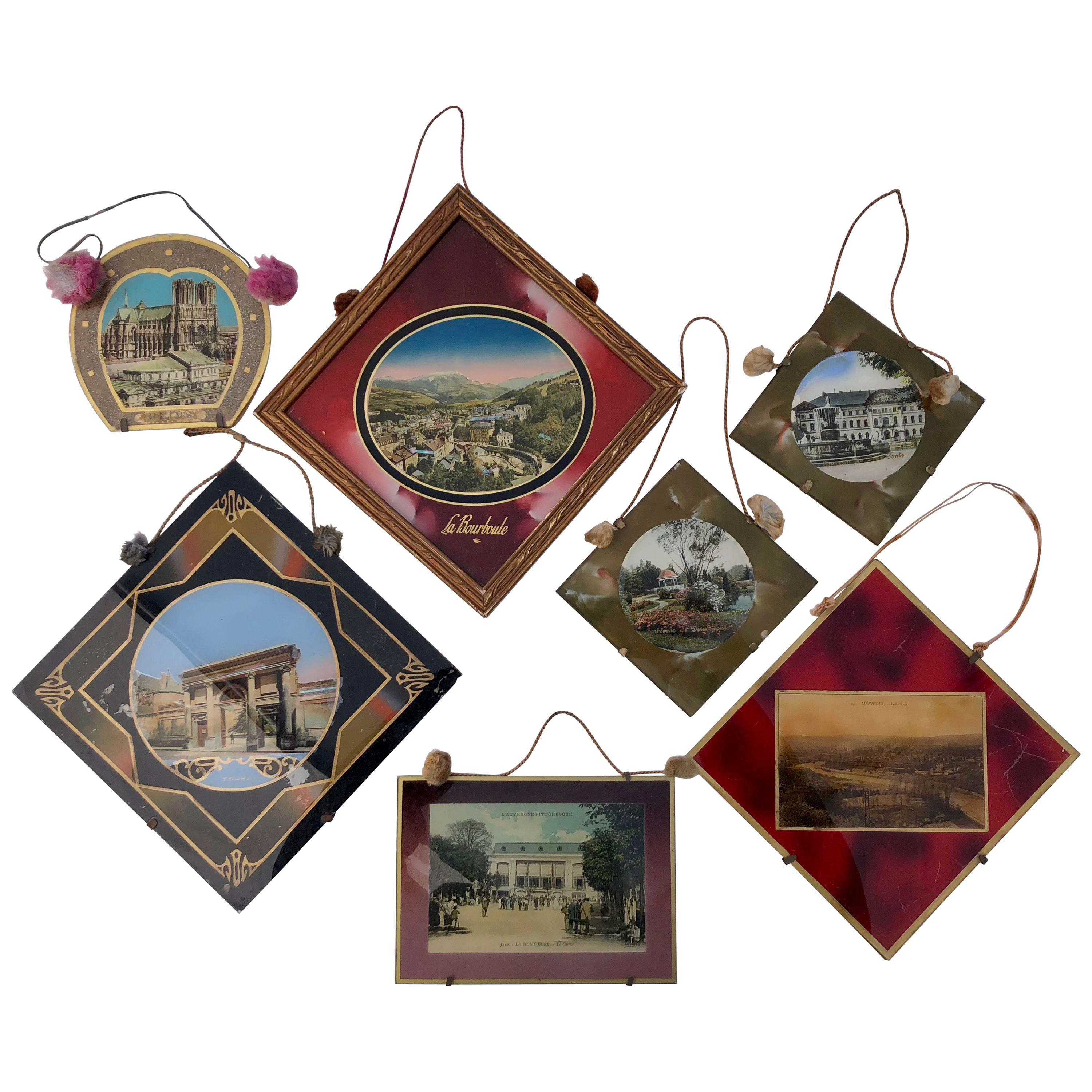 Framed French Colorized Souvenir Photos, Set of Seven Frames with Glass, 1950s For Sale