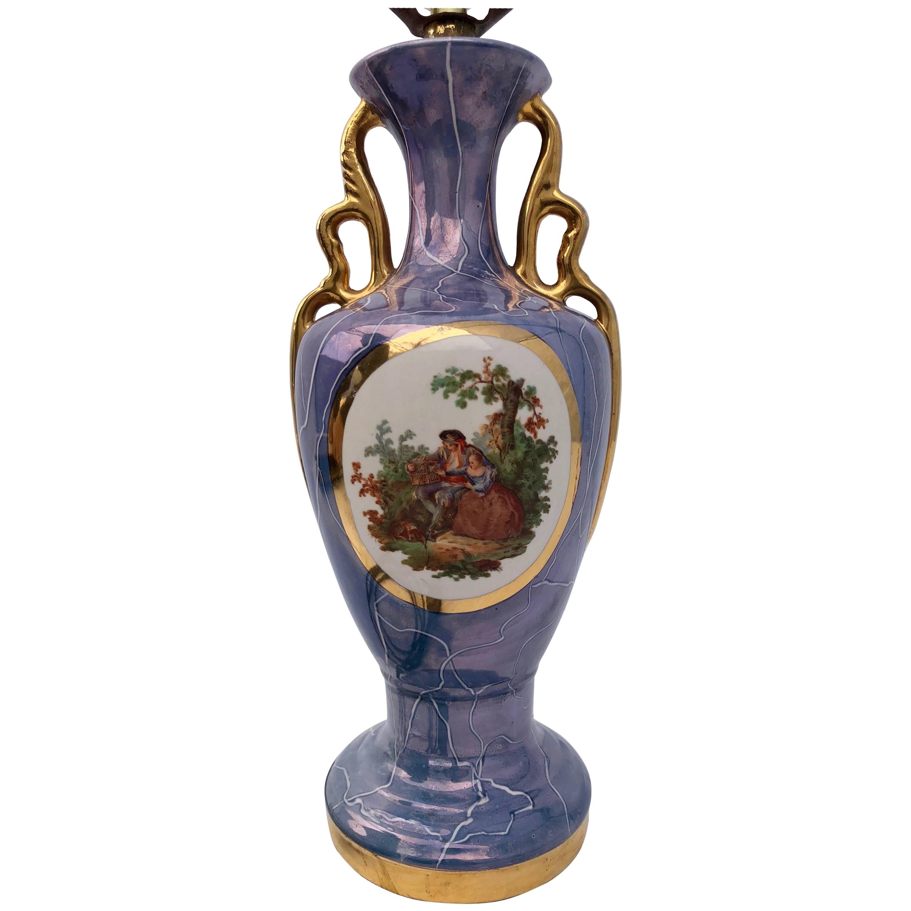 Blue Porcelain Antique Lamp with a Pastoral Scene and Gold Trim For Sale