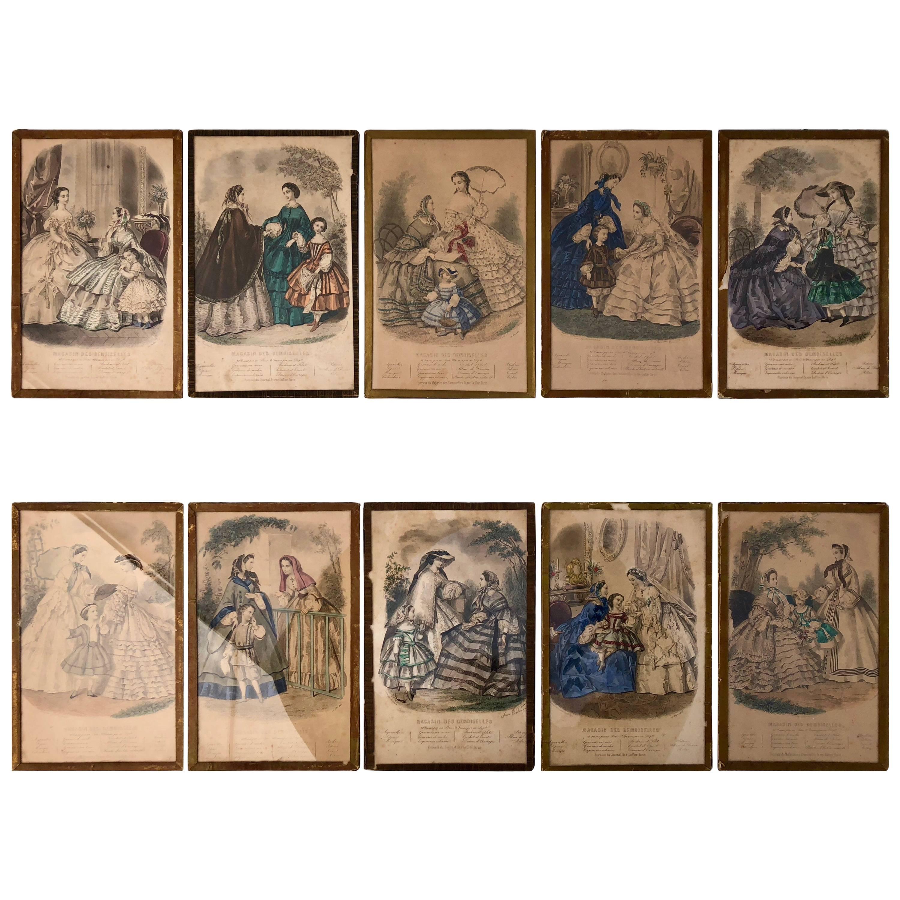 Collection of French Colored Engravings of Fashion Dresses Set of Ten, Mid-1800s For Sale