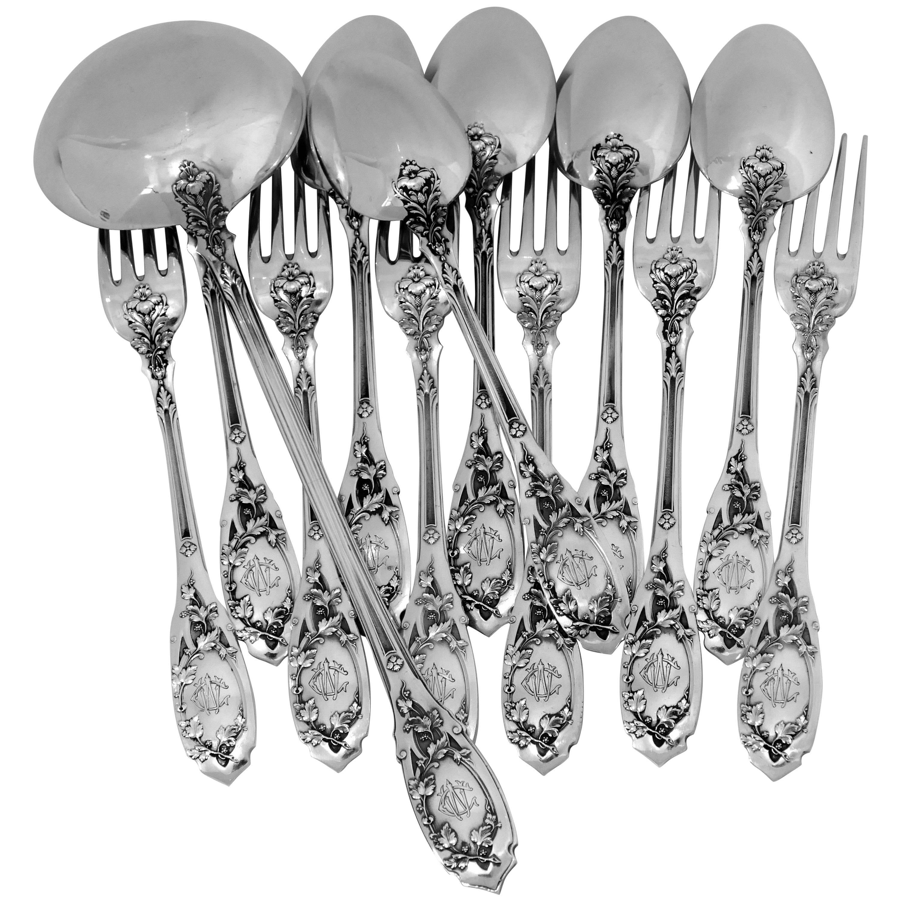 Puiforcat French Sterling Silver Dinner Flatware Set 12 Pc with Ladle, Moderne For Sale