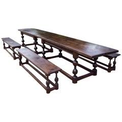 Antique Refectory Table Dining and Four Benches Oak Huge Very Large