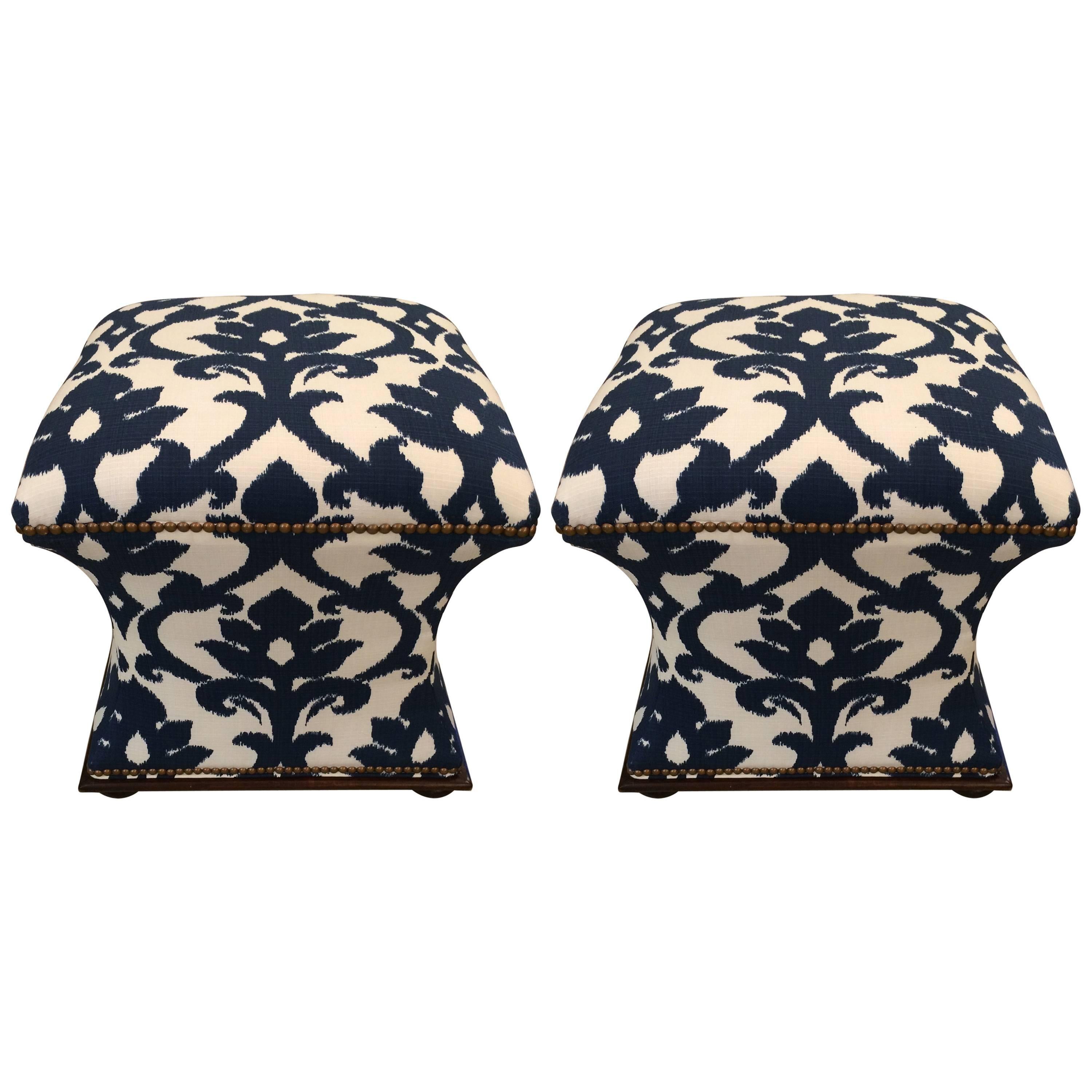 Stylish Pair of Hourglass Upholstered Ottoman Poufs