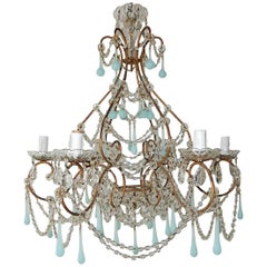 French Robins Egg Blue Opaline Beaded Chandelier, circa 1920