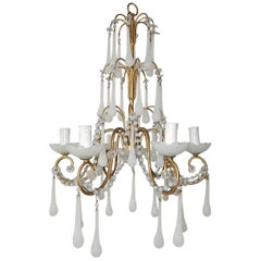 1930 French White Opaline Bobeches, Beads and Drops Chandelier